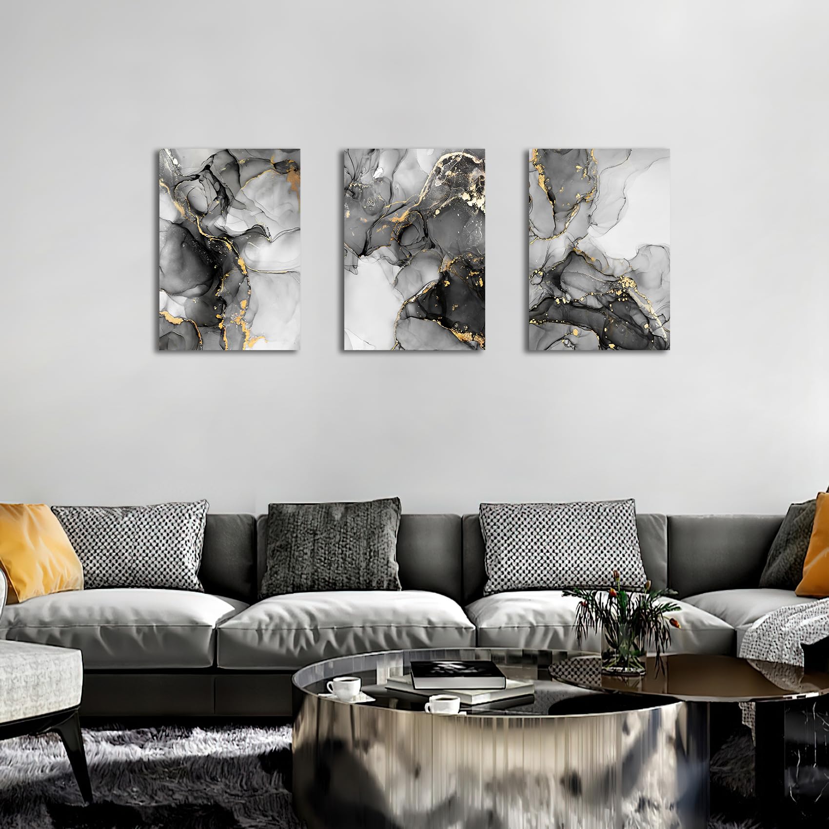 FajerminArt 3 Panels Framed Canvas Wall Art Marble Gray Gold White Pictures Printing Painting Poster Canvas Prints Wall Decor for Bedroom Living Room Bathroom Office Ready to Hang 30x40cmx3Pcs - Image 2