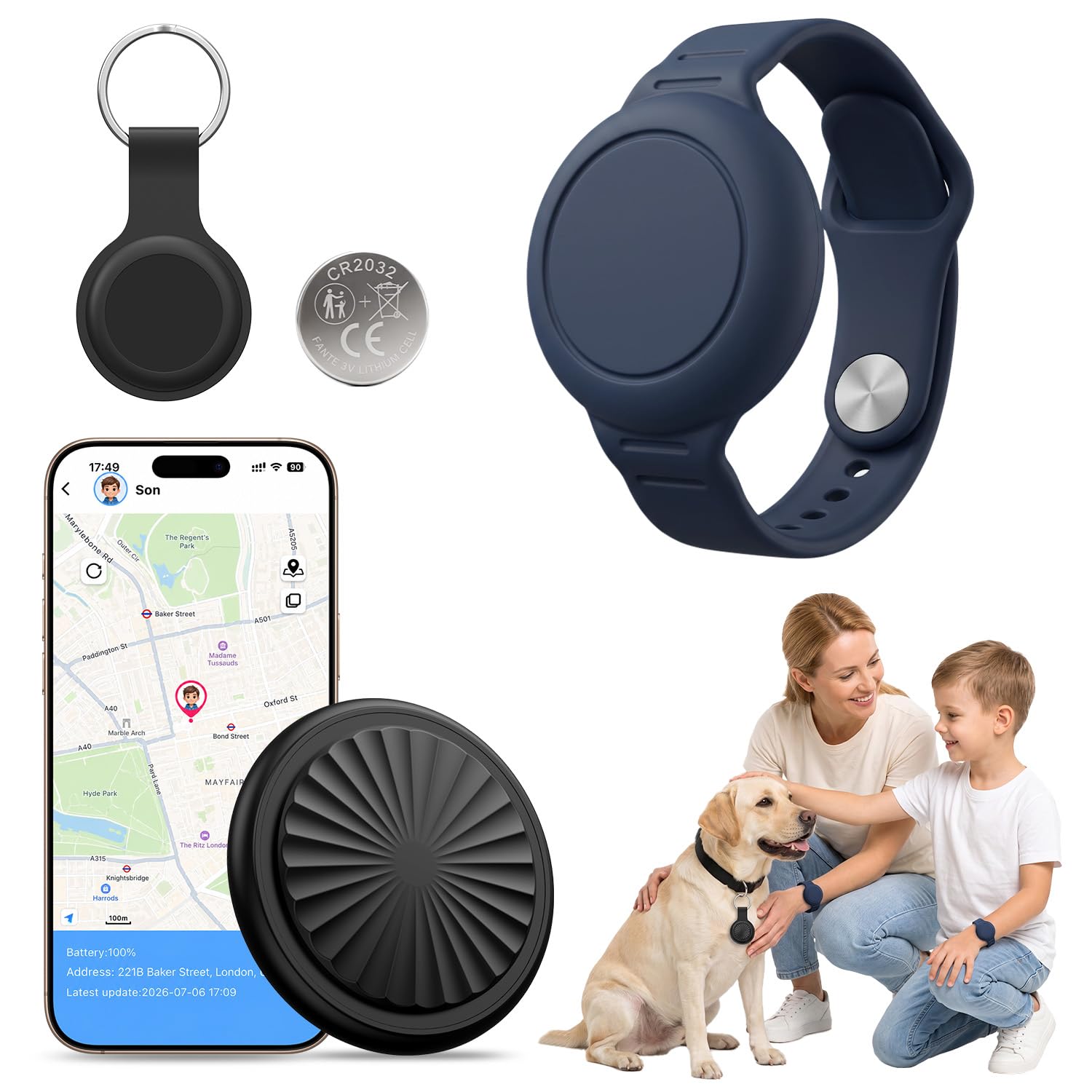 Traceur GPS Enfant, Traceur d'enfant en Temps Réel Compatible iOS et Android, sans Abonnement,Relecture de l'itinéraire sur 7 Jours,Bracelet en Silicone avec Cache étanche, pour Enfants/Seniors(Bleu)
