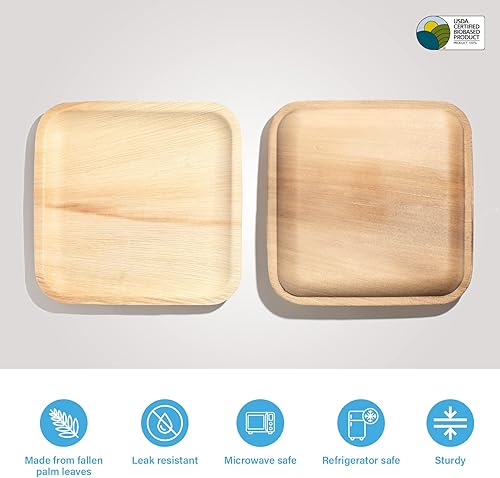 Miniatura 2 de ECO SOUL Paquete de hojas de palmera de 100 unidades (8 y 10 pulgadas) | Plato de hoja de palma cuadrado de 10 pulgadas, 50 unidades y placa de hoja