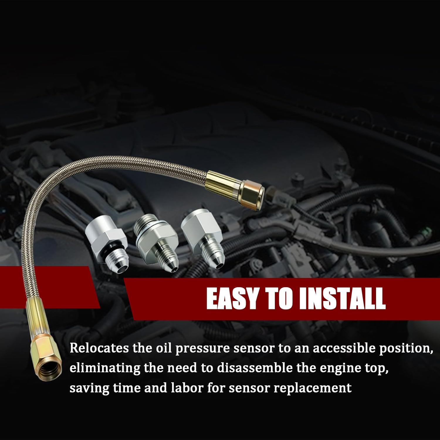 Oil Pressure Sensor Relocation Kit With High-Pressure Braided Hose Compatible With Chevy Silverado, Tahoe, C5 C6 Corvette, Suburban, GMC Sierra, Yukon For GM LS Series Engines
