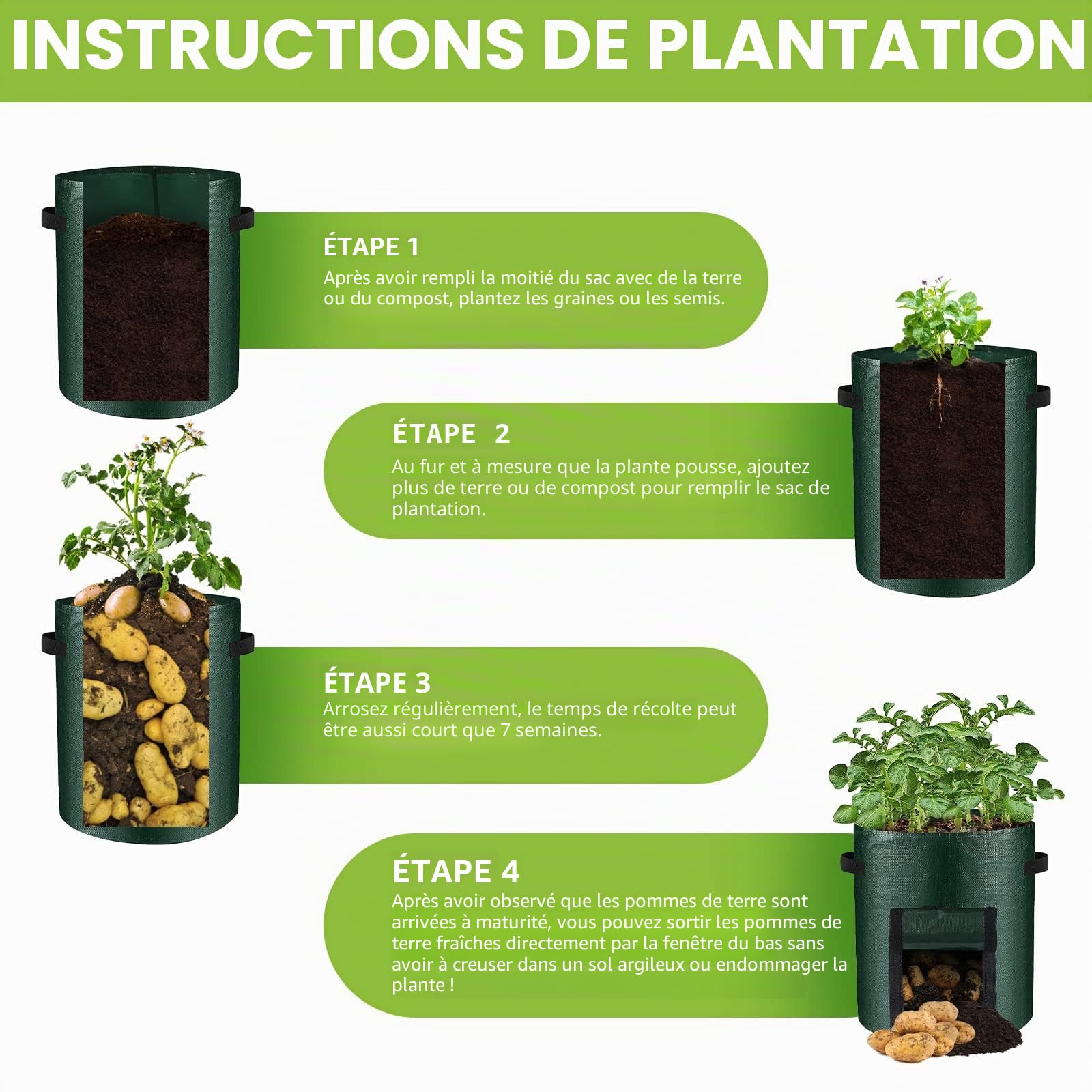LITLANDSTAR Lot de 6 sacs de culture de pommes de terre, sacs de culture de 57 litres sacs de plantation de jardin avec fenêtres à rabat et poignées, sacs de culture de légumes pour pommes de terre