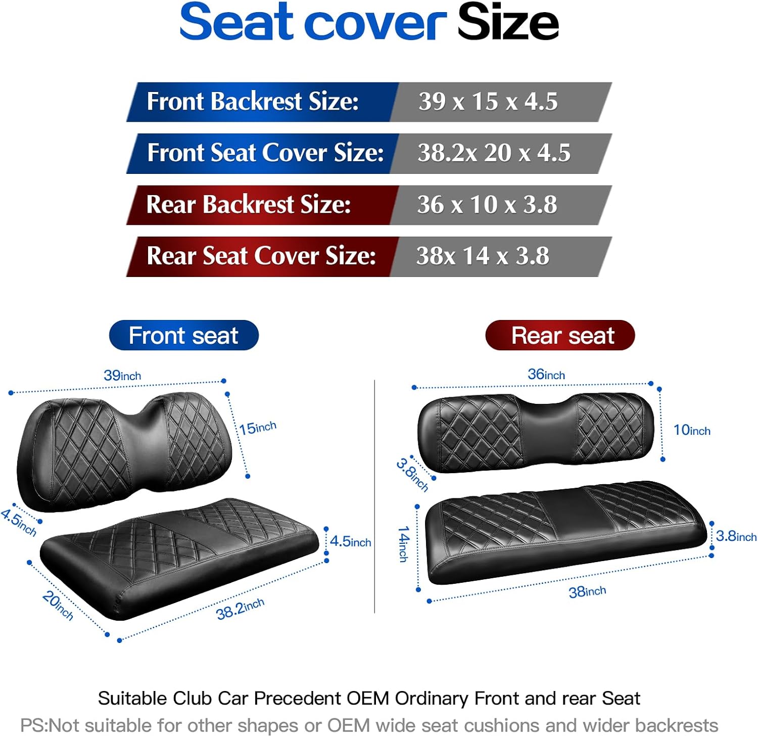 NOKINS 4PCS Golf Cart Diamond Seat Covers Kit, Front and Rear Seat Covers for Club Car Precedent Original Regular Seat Cushion, Vinyl Replacement Seat Cover, Black Stitching, No Stapler