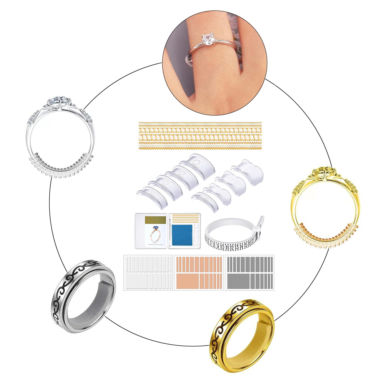 MEELYHOME 71Pcs Rings Size Adjuster for Loose Rings Rings Size Adjuster Rings Resizer with Polishing Cloth Measuring Tool Accessory
