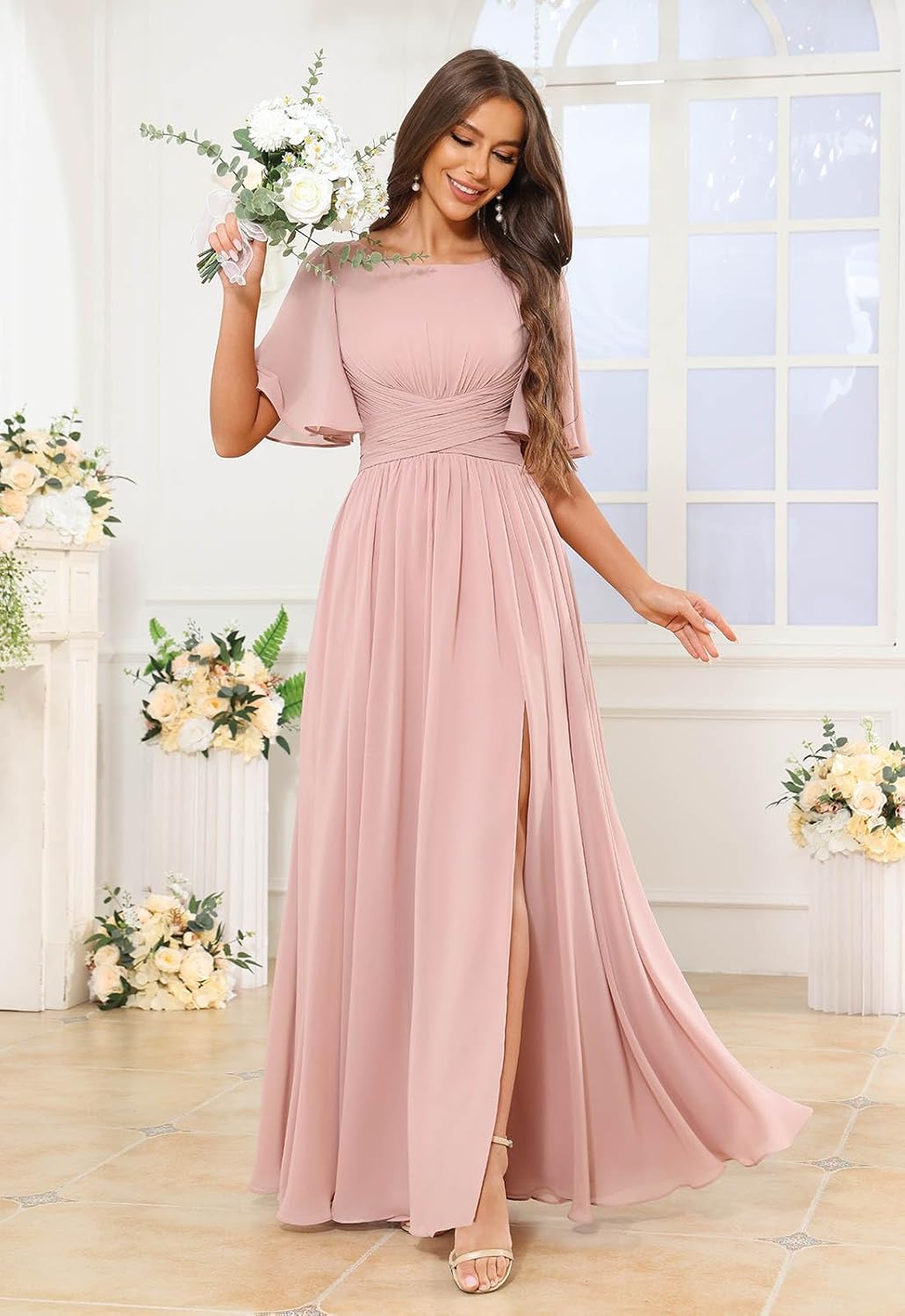 A Line Chiffon Bridesmaid Dresses Long Formal Evening Party Gown with Sleeves Slit - Image 4