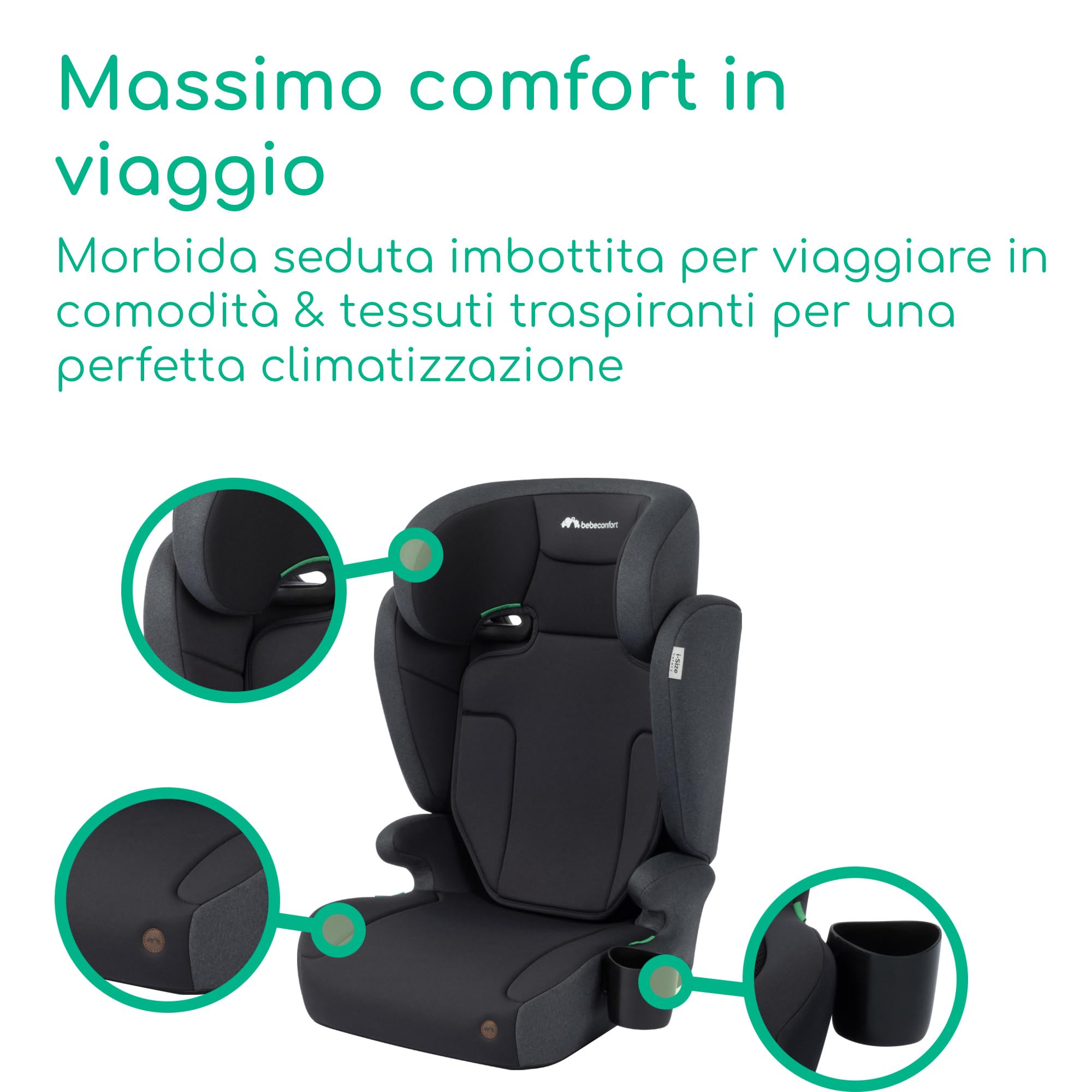 Bebeconfort Ride i-Safe Seggiolino Auto Bambini 100-150 cm (3,5-12 Anni), Gruppo 2/3, Rialzo Auto con Schienale Rimovibile, R129, Leggero 3,4 kg, Poggiatesta Regolabile 11 Posizioni, Portabibite, Nero