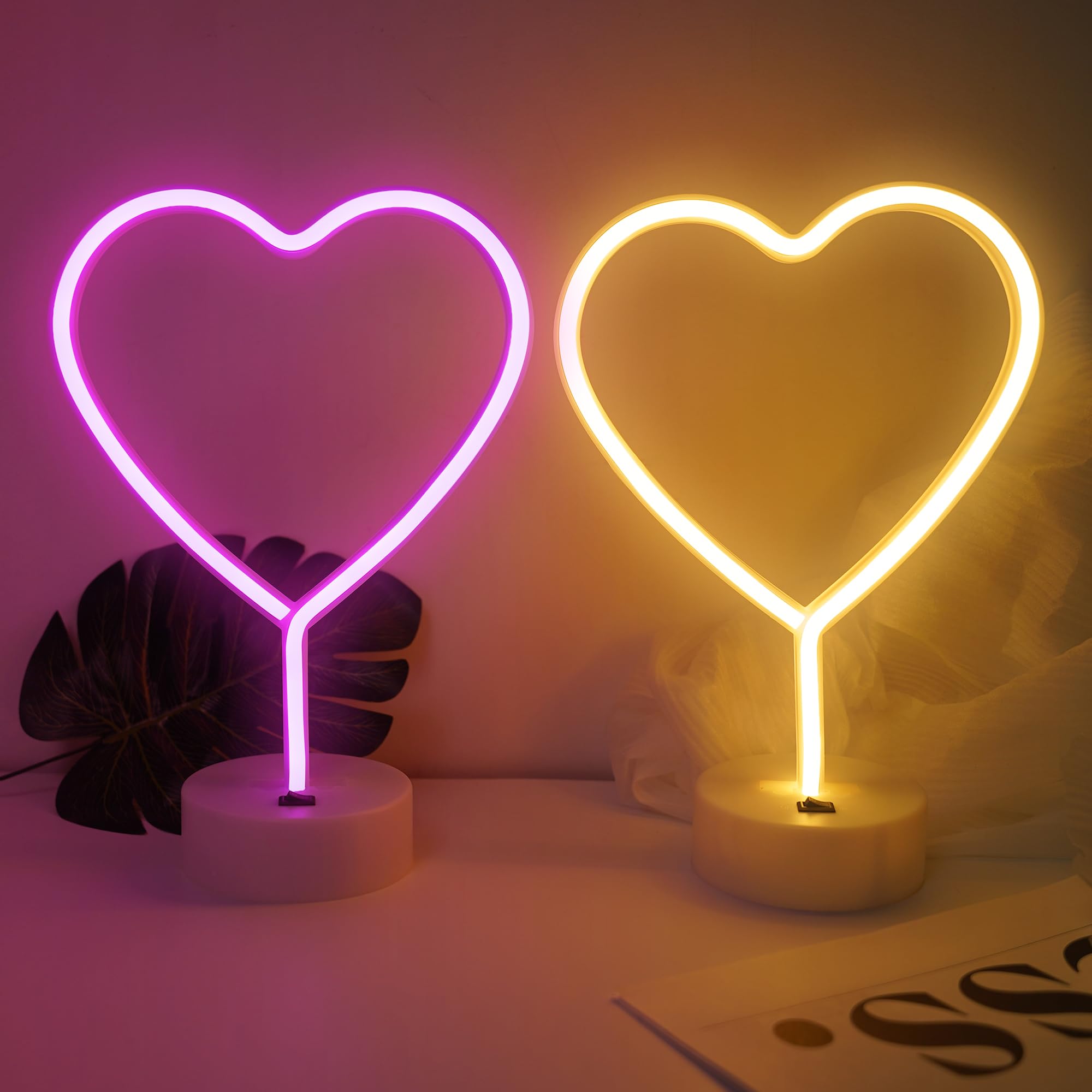 2 Pack Heart Neon Signs,Pink LED Neon Light and Warm White Battery Operated or USB Powered Decoration Lamp, Neon Lights Decor for Mother's Day's Gifts