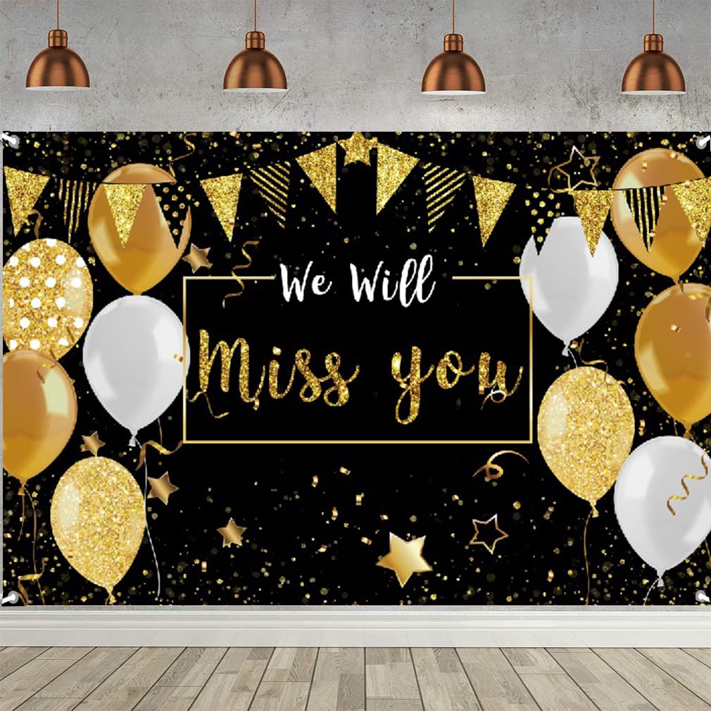 We Will Miss You Party Decorations, Farewell Party Backdrop Miss You Photography Backdrop Banner For Farewell Retirement Graduation Ceremony, 150cm x 90cm, Black and Gold