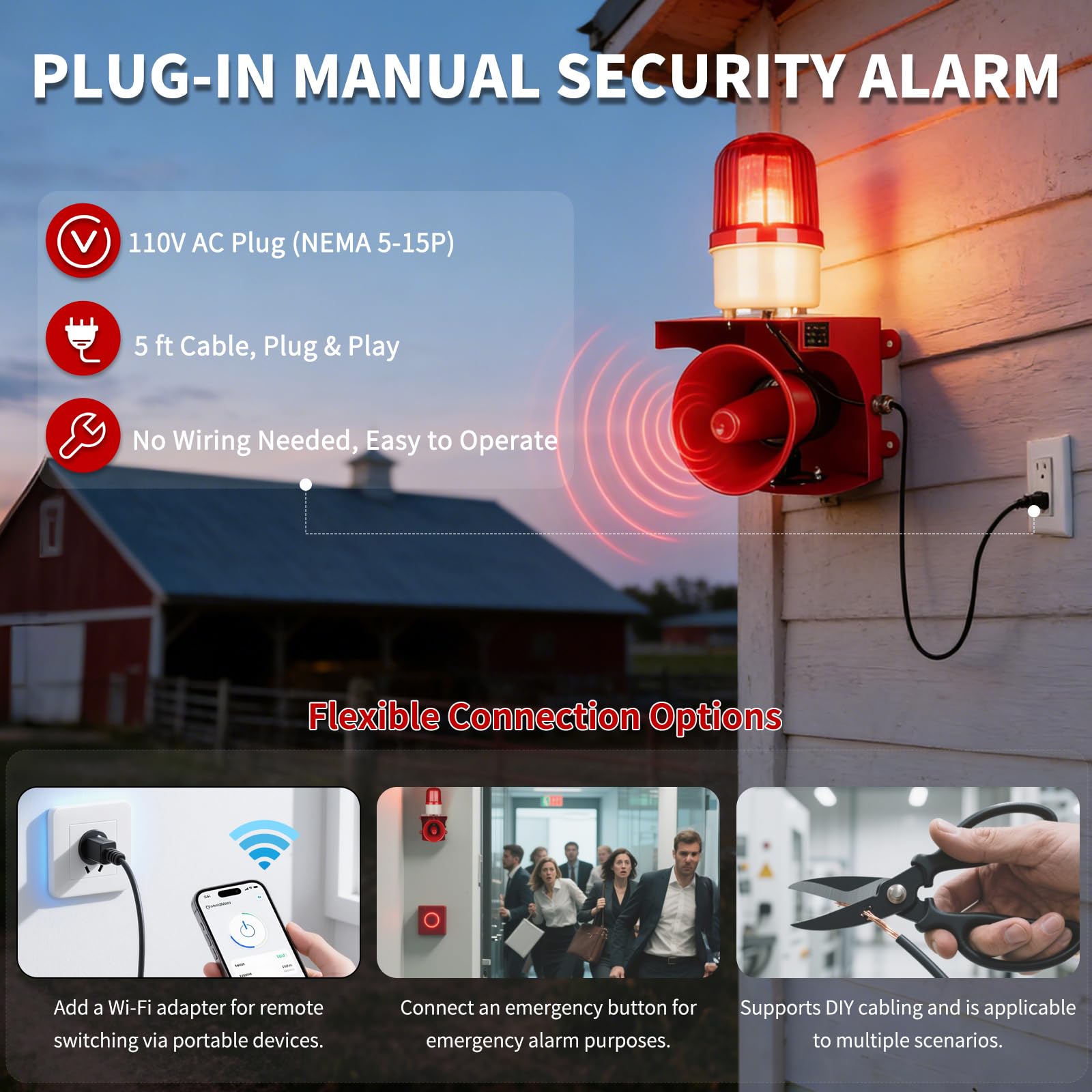 AC110V-120V - Alarma de sirena industrial con luz estroboscópica de 120 dB, cuerno fuerte y faro rojo, alarma de seguridad impermeable para interiores y exteriores para emergencias, fábrica, oficina,