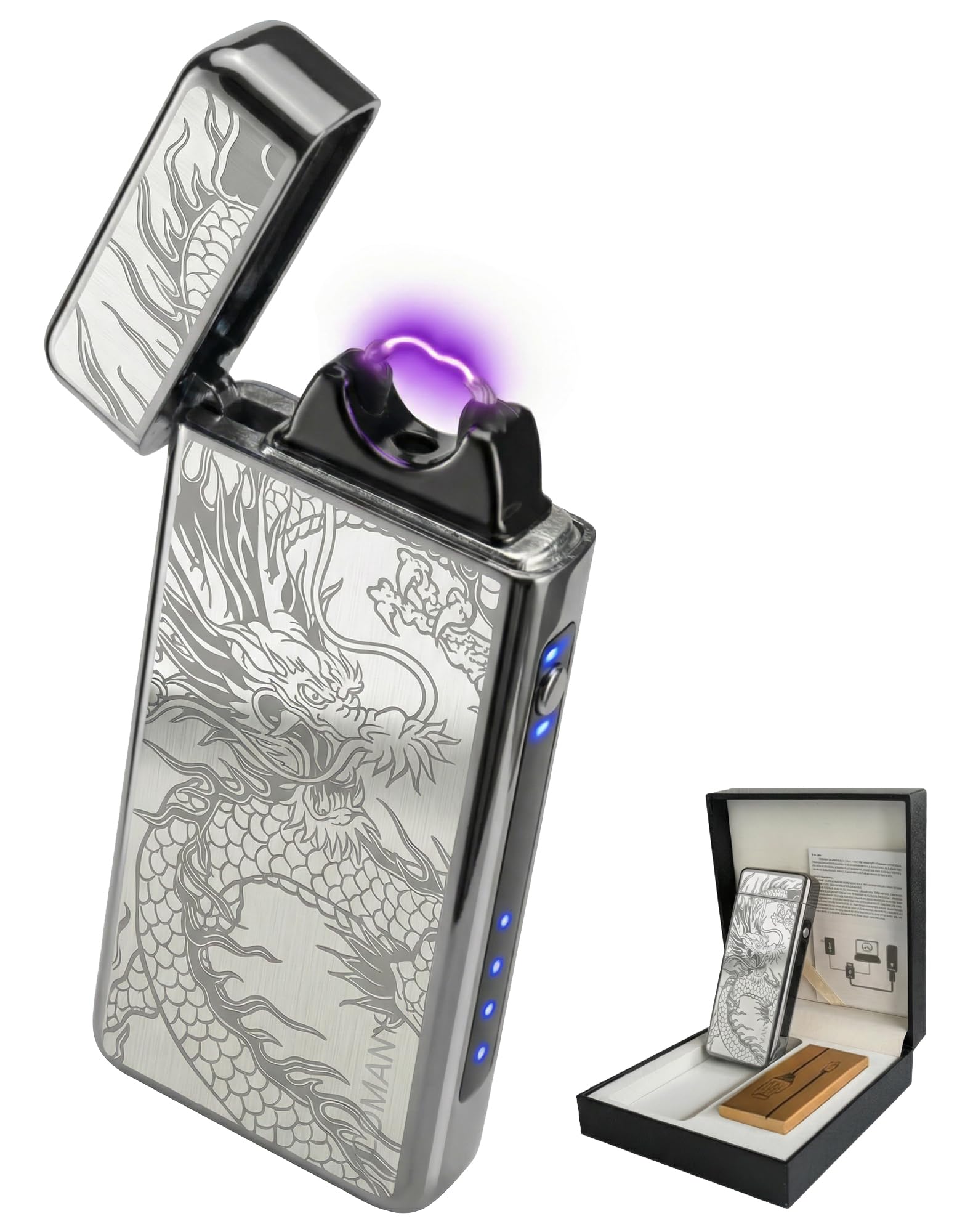 Briquet électrique USB rechargeable - Arc plasma - Grande flamme - Coupe-vent - Avec indicateur de batterie LED - Pour bougies (dragon noir)