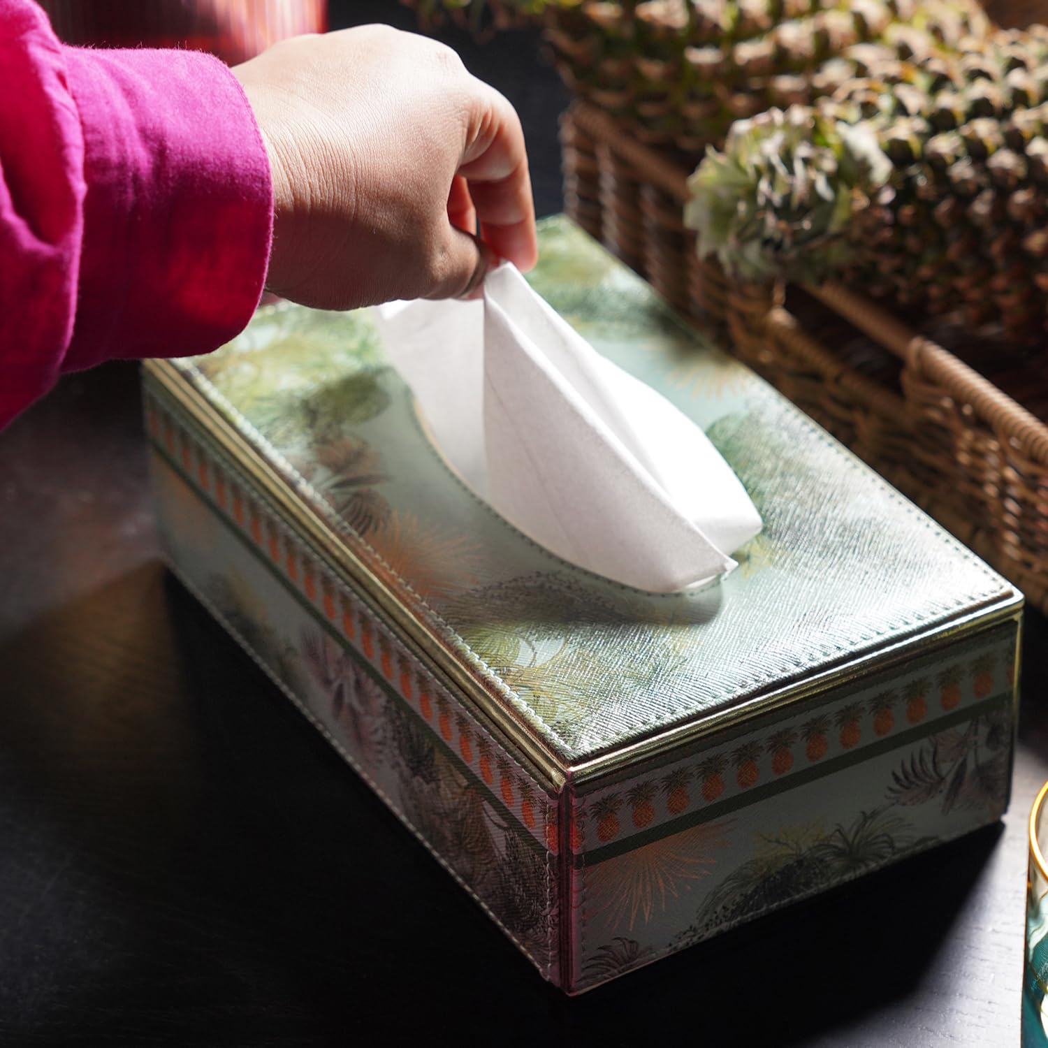Pure Home + Living Green Como Printed Faux Leather Tissue Box Regular Facial Napkin Holder | Organizer Case | Office Desk Gift Home Table Decor Car Hotel & Restaurant (Pack of 1)-image-33