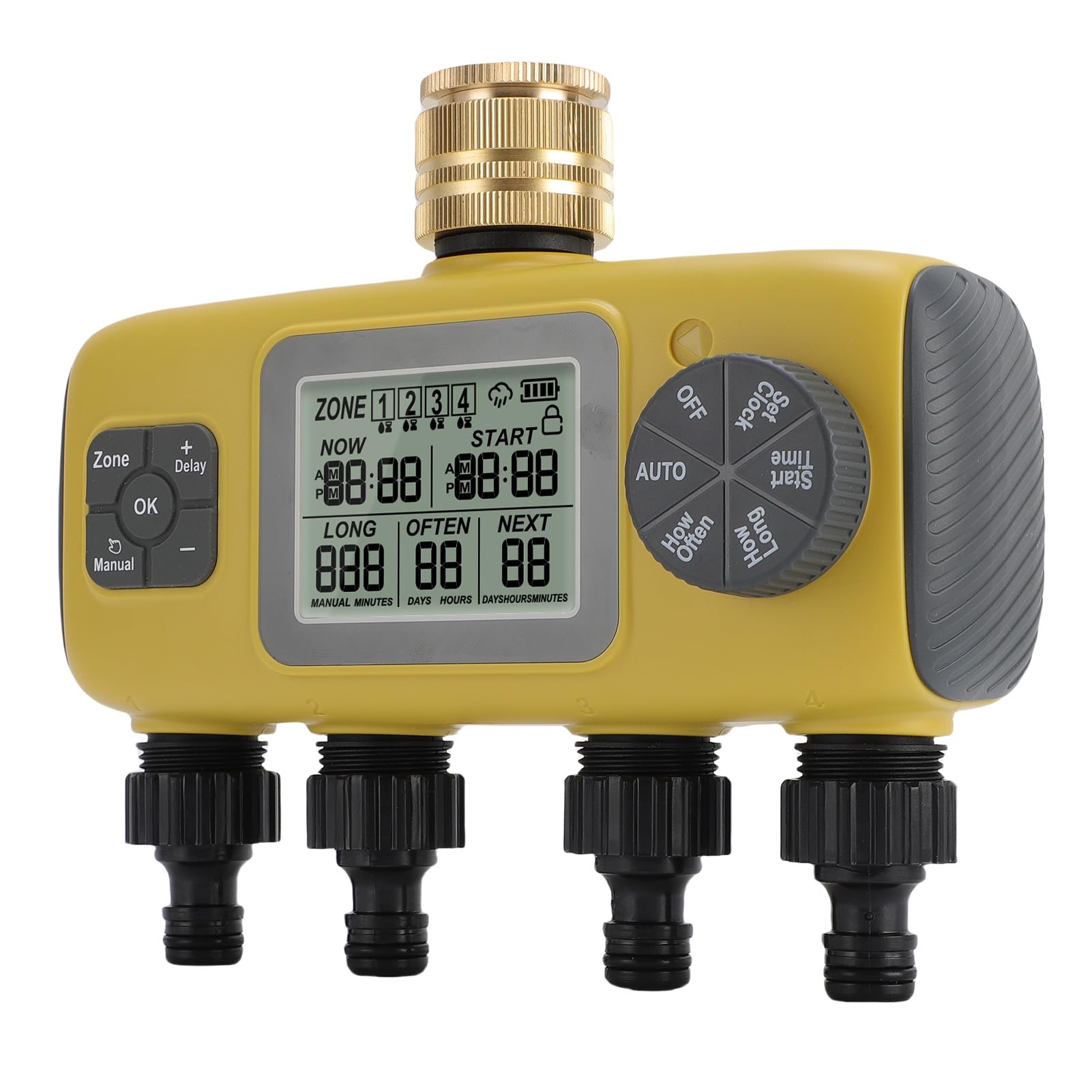 Bewinner Timer per Irrigazione a 4 Zone, Timer per Irrigazione Programmabile Indipendente con Ingresso in Ottone da 3/4 Pollici, per da Esterno Impermeabile IPX5 con Ritardo Pioggia e Blocco Bambini
