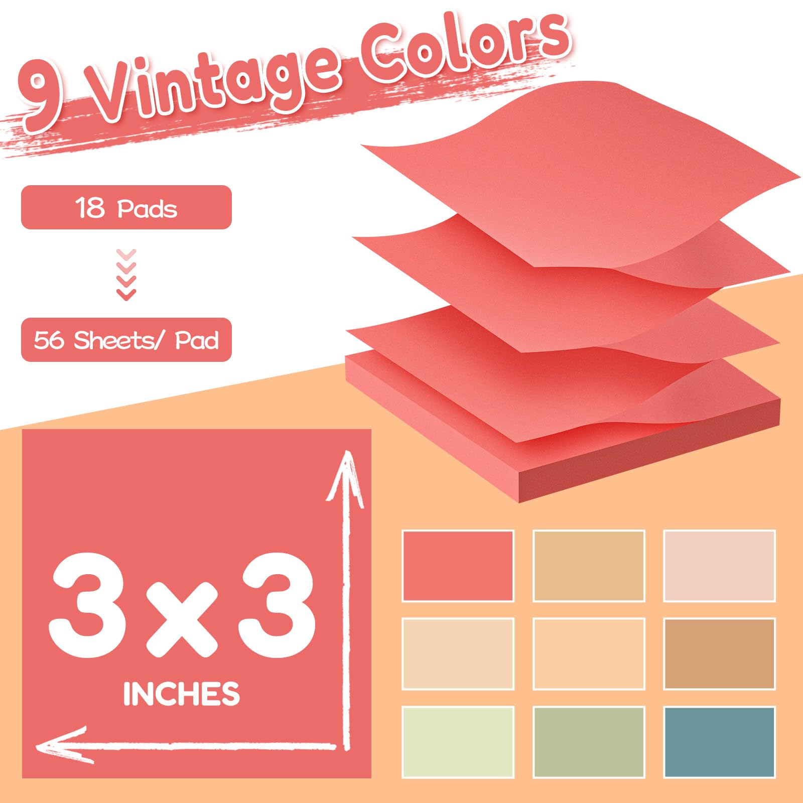 Lot de 18 blocs de notes adhésives pop-up 3 x 3 recharges, couleur vintage, bloc-notes adhésif puissant en vrac, convient pour la maison, le bureau, l'école, le retrait propre