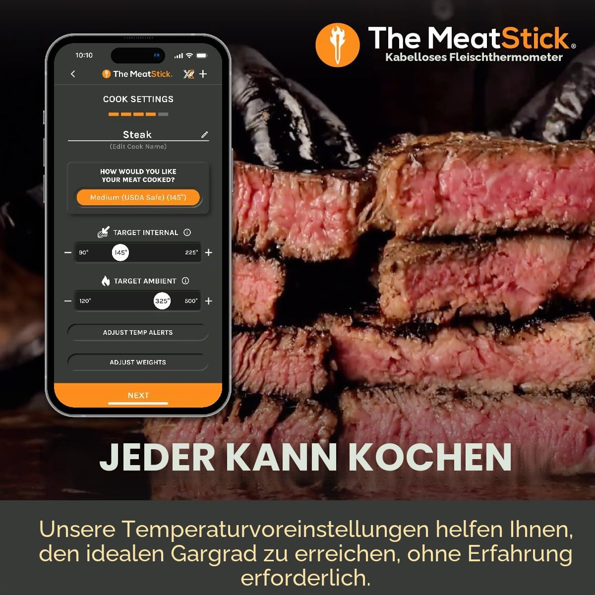The MeatStick Thermometer mit App I kabelloses Fleischthermometer mit 10m Reichweite I präzises Temperaturmessgerät bis 300°C I Grillthermometer mit 92mm Temperaturfühler inkl. Xtender-Ladegerät