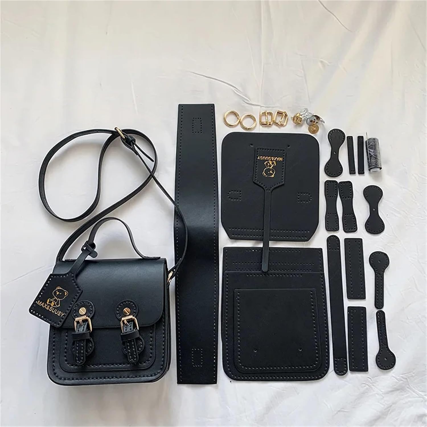 DIY Leather Bag Kit 1Set DIY Handmade Bag Set Handbag Shloulder Bag for Hand Stitching Accessories Material for Women's Bag(Black DIY Material)