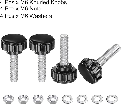 Miniatura 487 de uxcell Juego de 4 perillas moleteadas, tornillos de pulgar con tuercas y arandelas, rosca macho métrica M6 x 1.378 in, cabeza de plástico de 0.984
