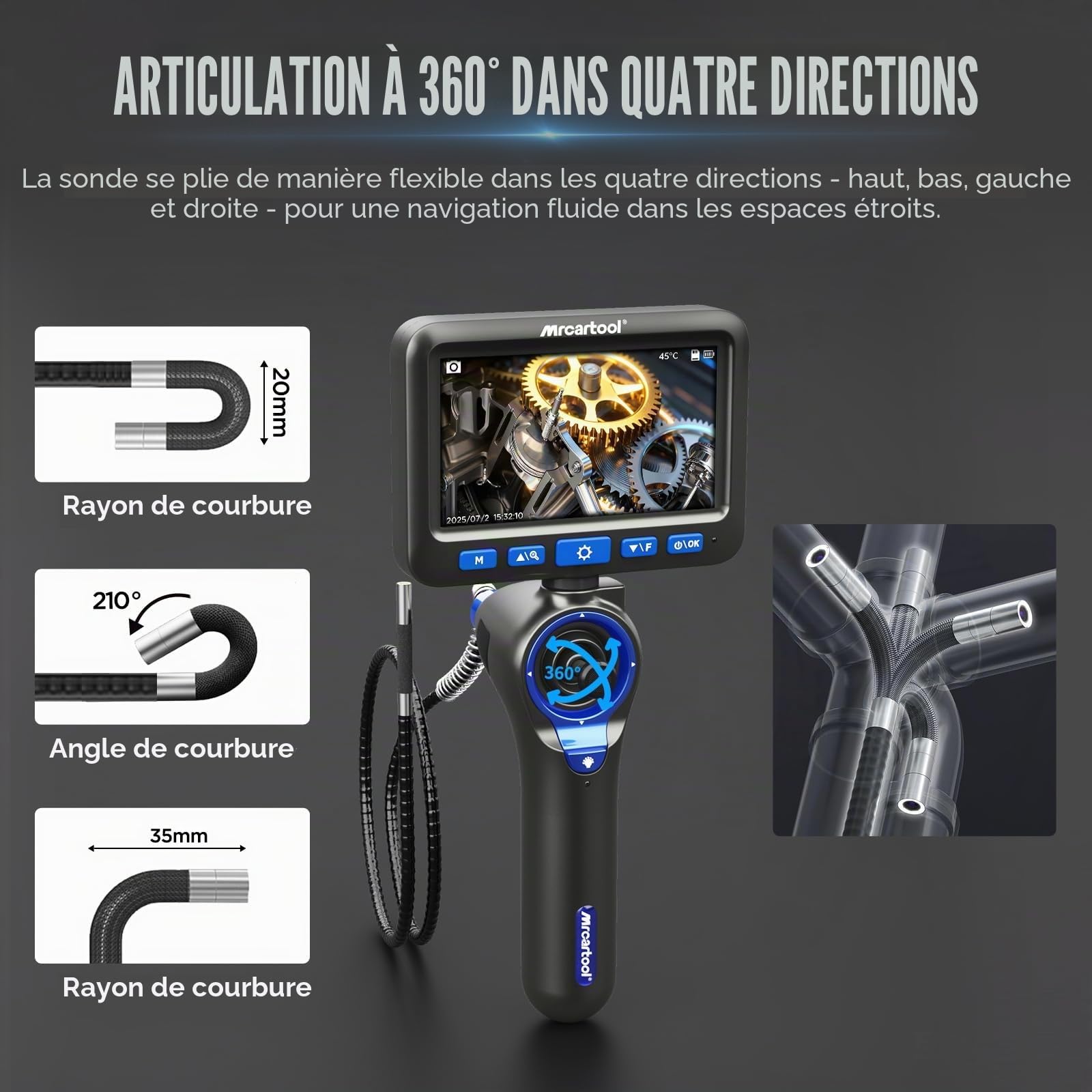 4-Way-360° caméra endoscopique avec lumière, Tube Mince de 6,2 mm & écran de 5,0 Pouces, tête Mobile, 1080P & IP67 caméra d'inspection pour Moteurs Automobiles, tuyaux et Machines (1 m)