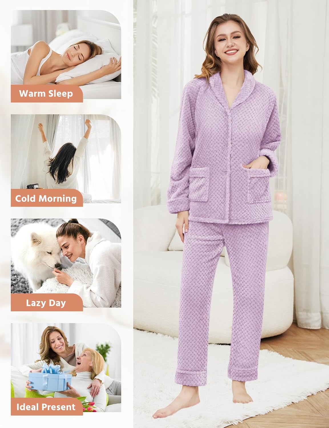 Women's Warm Fleece Pajama Sets, Long Sleeve Soft Sleepwear Button Down Winter Lounge PJs Sets with Straight Pockets - Image 5