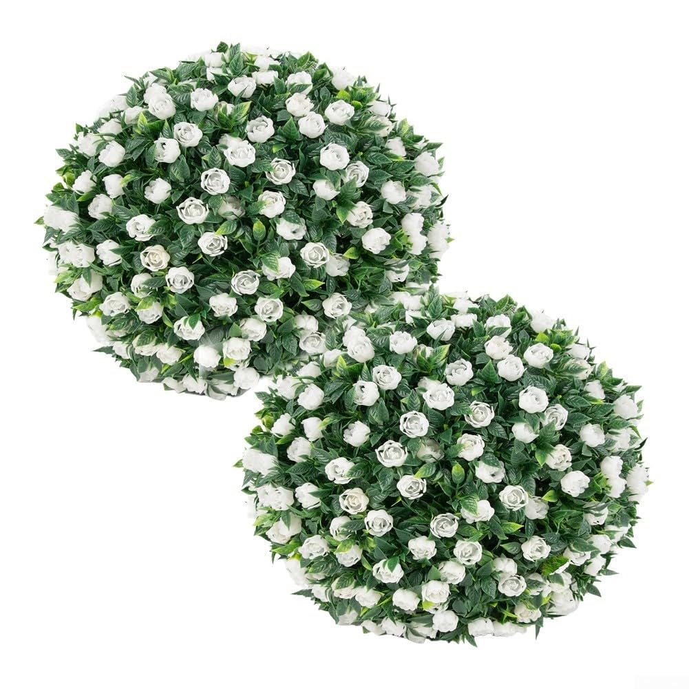 Boules topiaires artificielles en buis et rose blanche premium pour extérieur