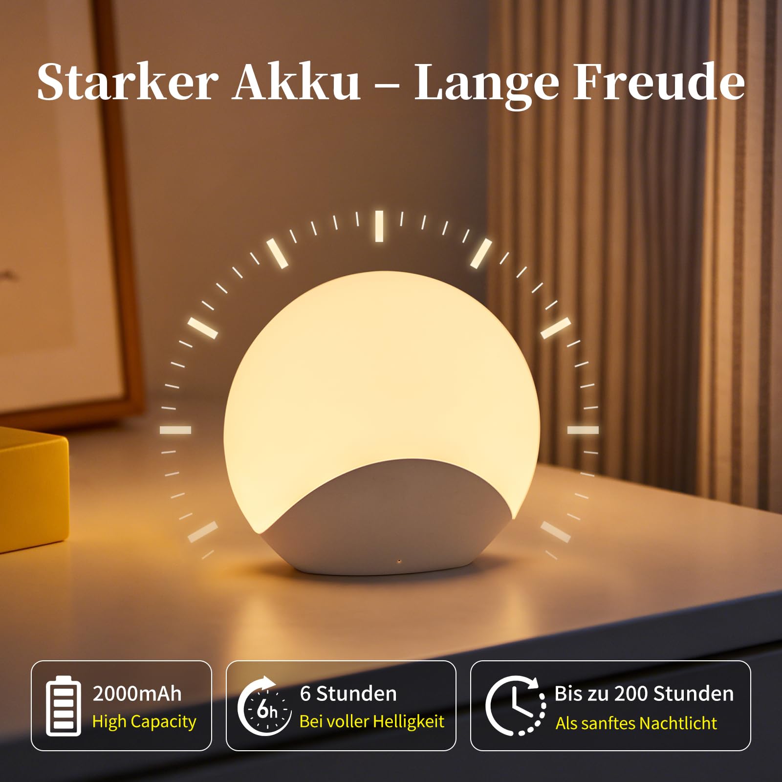 Luce notturna morbida con 8 cambi di colore e timer, intensità regolabile con semplice tocco, lampada da comodino a LED RGB ricaricabile per la cameretta dei bambini, senza BPA e rispettosa