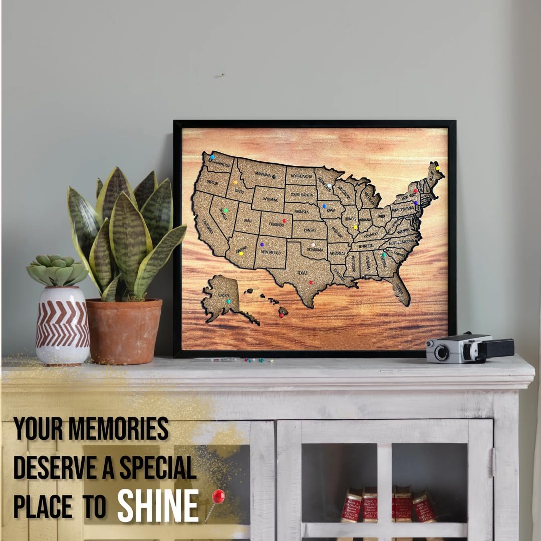 flinelife Usa Map Pin Board, 12x10, Medium Size, Cork Board Usa Travel Map With Pins, Perfect For Couples and Families Gift