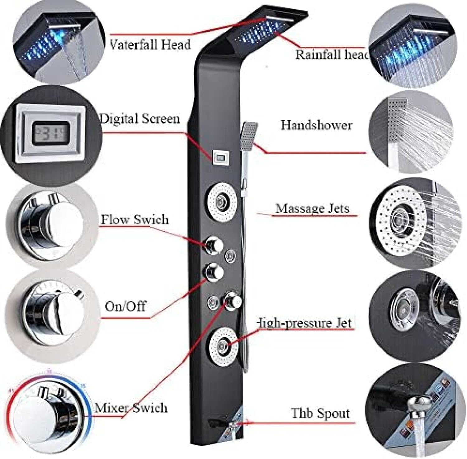 Stainless Steel Shower Panel Tower Suit,LED Rainfall Waterfall Shower Head 6-Function Faucet Rain Massage Suit with Body Jets