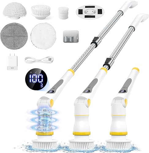 StarVal Depurador eléctrico giratorio, limpiador de ducha eléctrico con mango largo, 2 velocidades, 3 ángulos ajustables, 8 cabezales de cepillo de