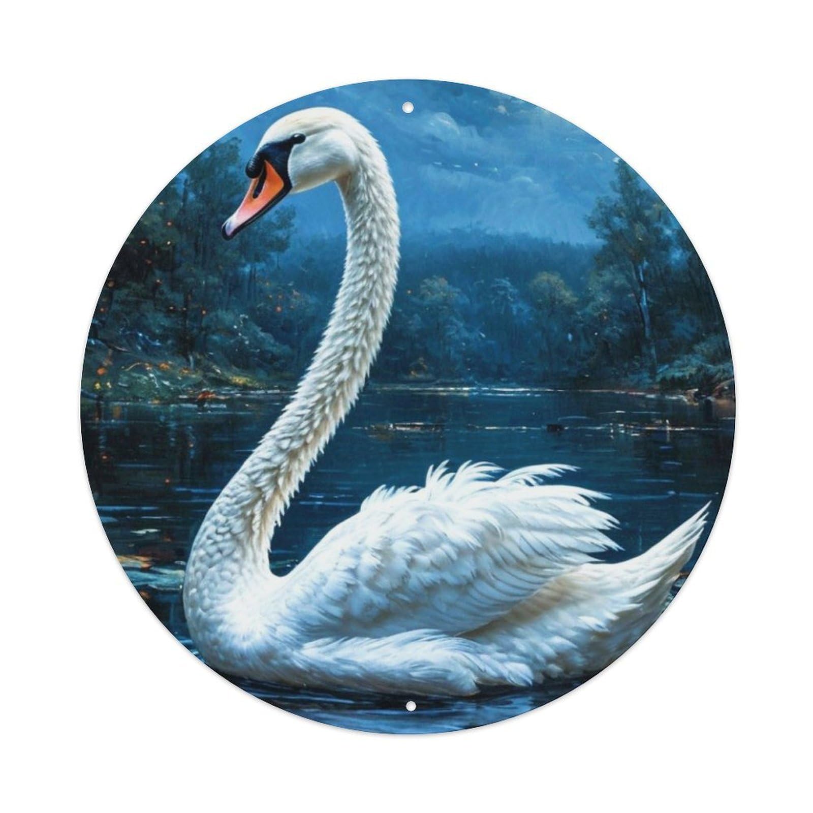 Animal Mute Swan Night Landscape Moonlit Lake Vintage Metal Tin Sign Plaque Wall Decor for Cafe, Club Bar, Office, Garden Metal Poster 8x8Inch