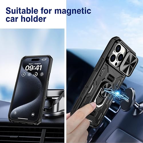 Miniatura 8 de VEGO Armor - Funda para iPhone 15 Pro Max 5G 2023, funda de cámara deslizante y funda de clip para cinturón y soporte magnético de 360 con anillo de