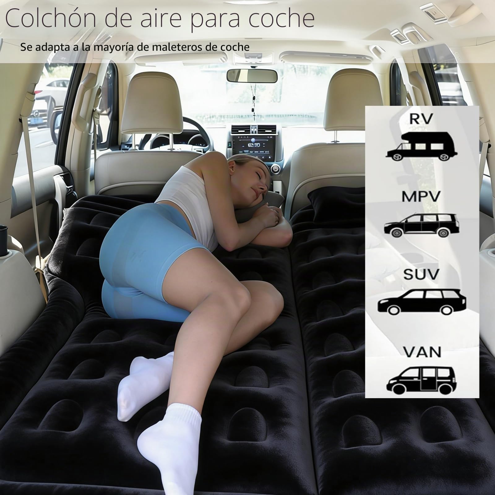 Colchón de Aire SUV para Cama, colchón Inflable para Asiento Trasero de camión, colchón de Aire Plegable con Superficie Aterciopelada y,Cama de Aire portátil para e (Black)