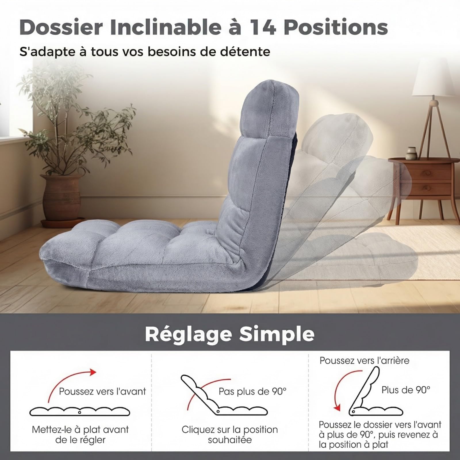 SOARS Fauteuil de Sol Pliable, Chaise de Méditation Canapé Paresseux Convertible avec Dossier Réglable 14 Positions, Mousse Haute Densité, en Velours Coral pour Lecture, Salon (Gris)