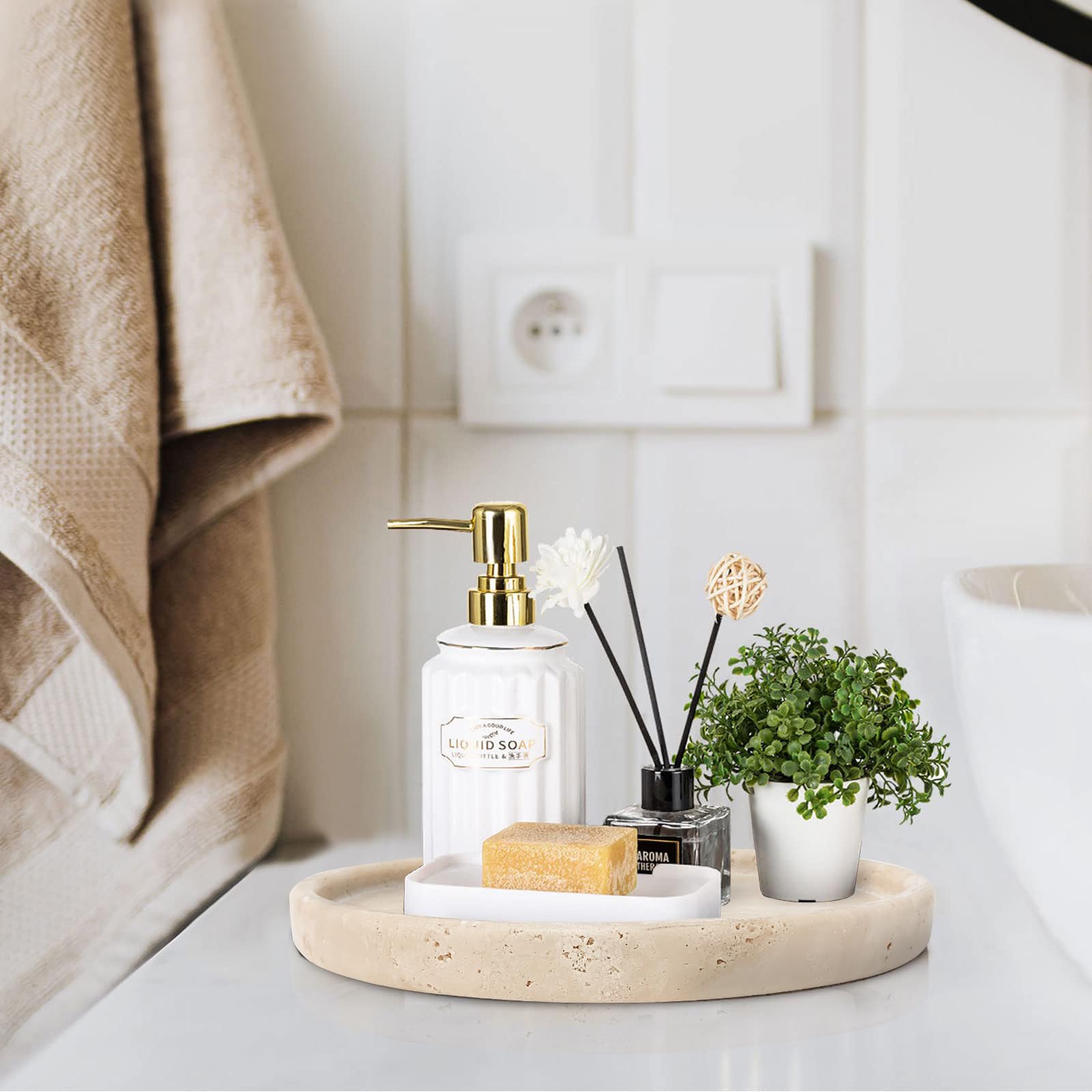 Travertin-Tablett, kleines Keramik-Schminktablett für Badezimmer-Thekendekoration, runde Marmor-Tabletts für Couchtisch (Beige, mittlere Größe)