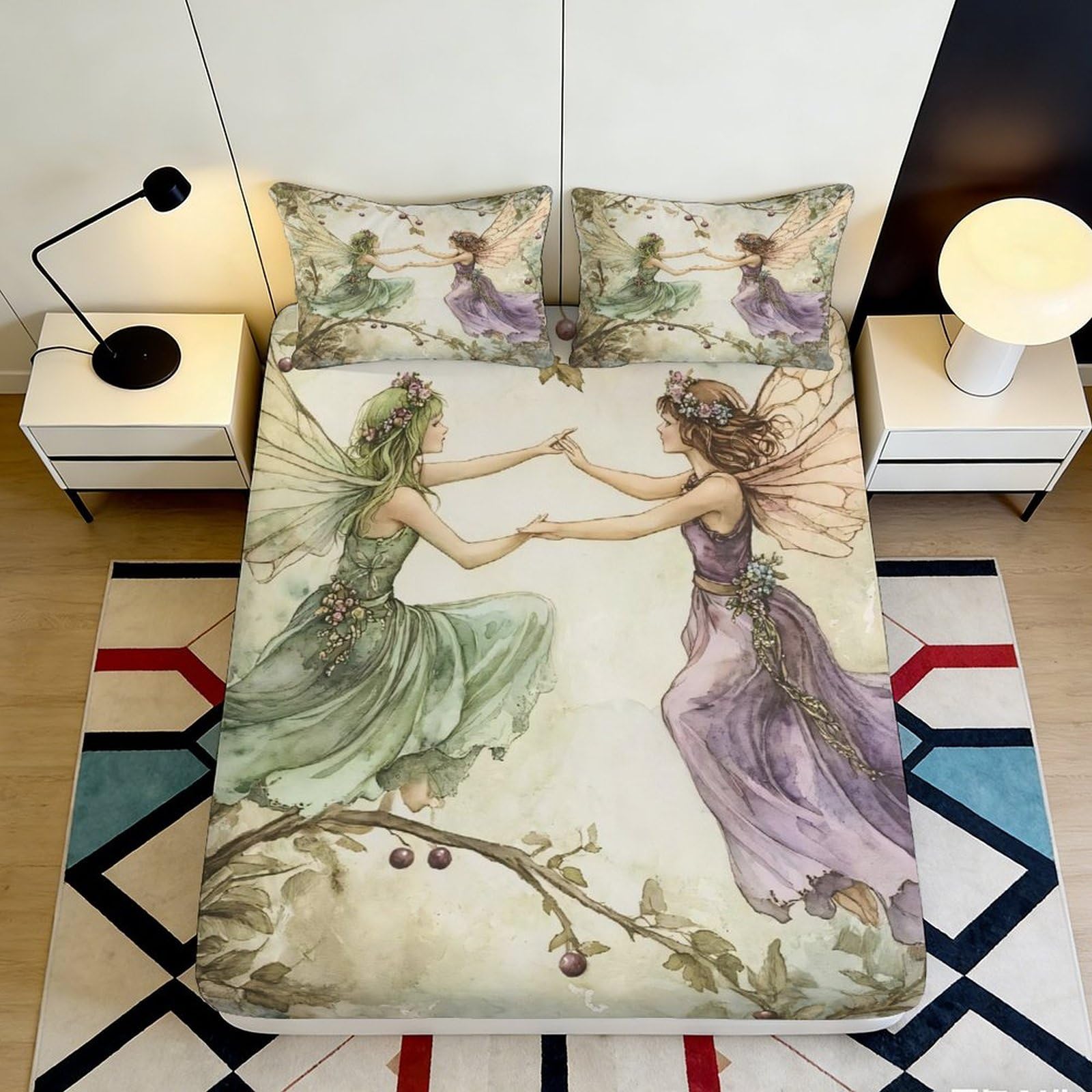3D Printed Fairy Fantasy Fitted Sheet Microfiber Soft Purple Green Forest Bed Cover for Bedroom Guest Room Decor 140x200x25cm