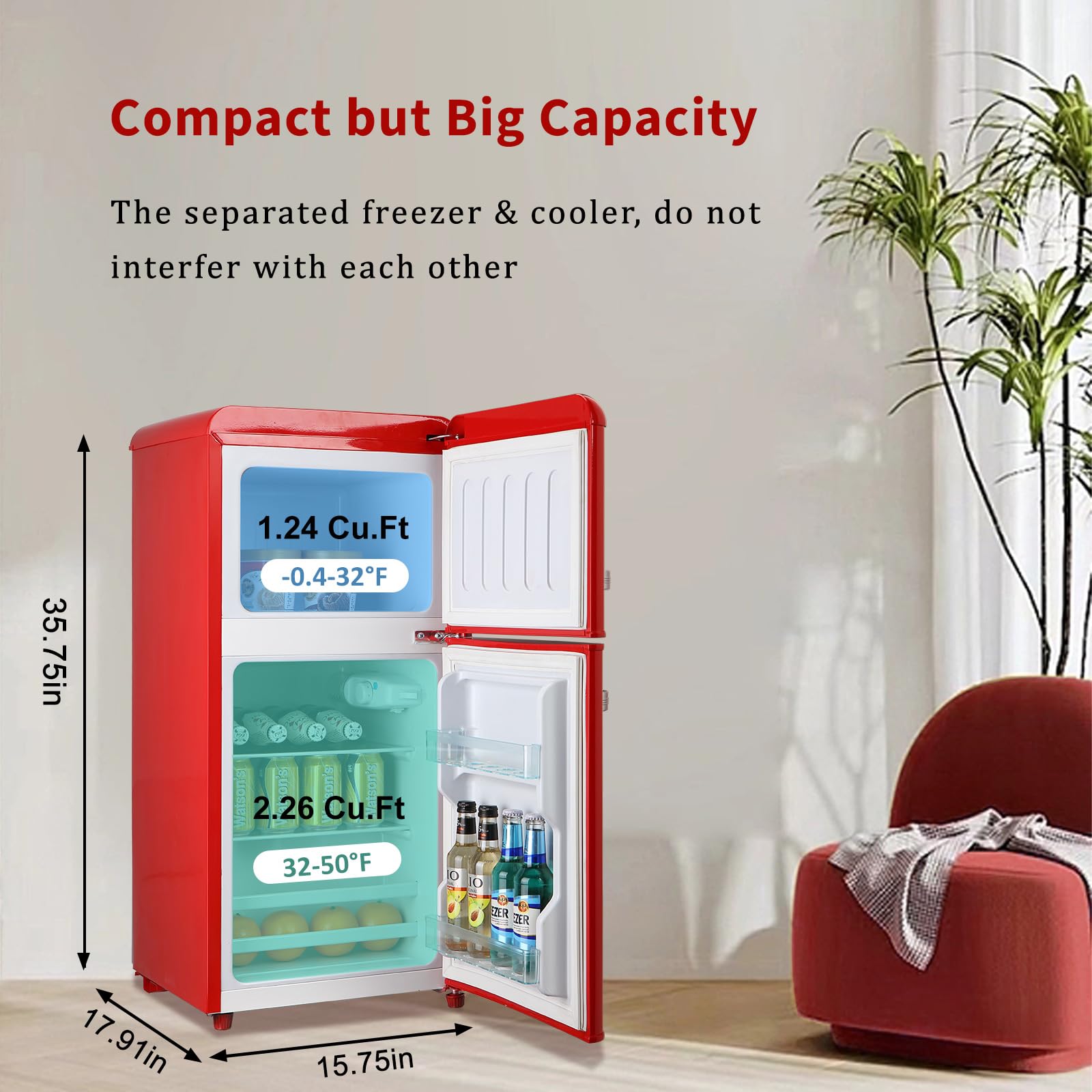 AXUTL Retro Mini Fridge Refrigerator with Freezer Bedroom Dorm Red 3.5 Cu.ft Compact Small for RV Apartment 2-Door Design on Fridge.com