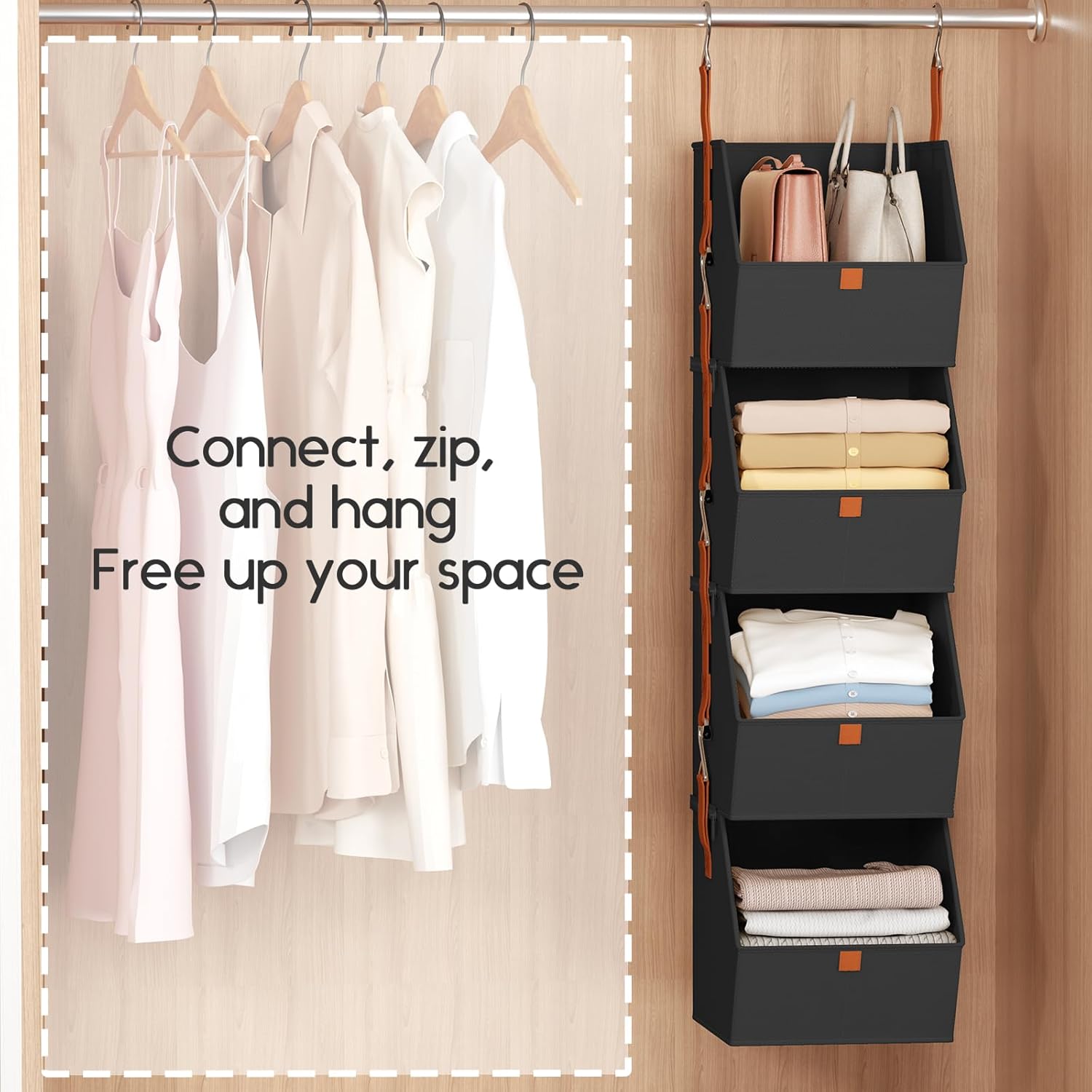 Hanging Closet Organizer 4 Tier - Clothes Hanging Shelves, Space-Saving Closet System, Fabric Storage Bins Bedroom Organization, Collapsible Baskets for Home, Dorm, Rv, Black, 8 Pack