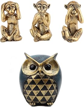 Leekung 3 Wise Monkeys Statues & Owl Statue Figurines Bundle