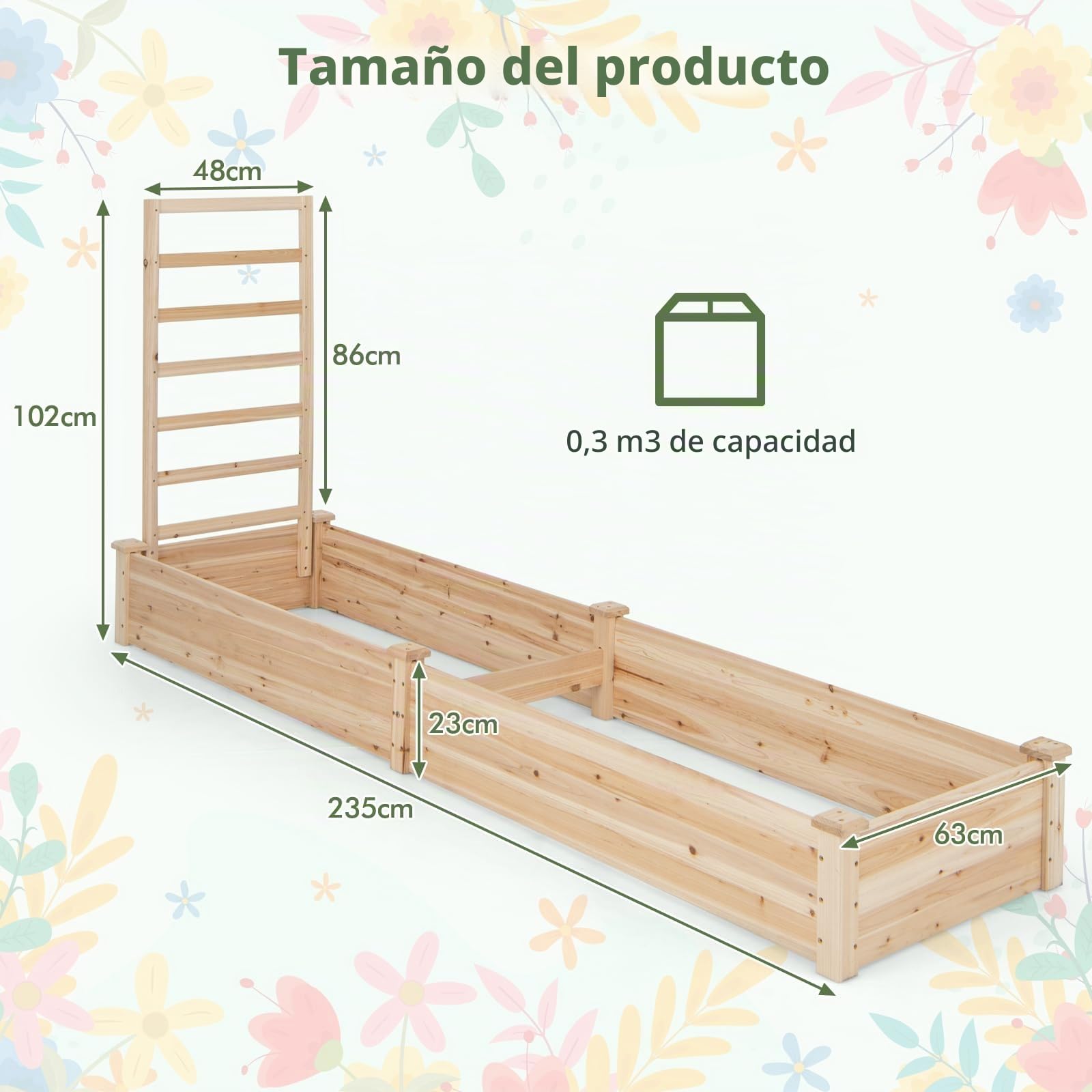 GOPLUS Jardinera con enrejado, bancal alto con enrejado, jardinera con suelo abierto, enrejado de madera de abeto, bancal de hierbas para patio, terraza (235 x 63 x 102 cm)