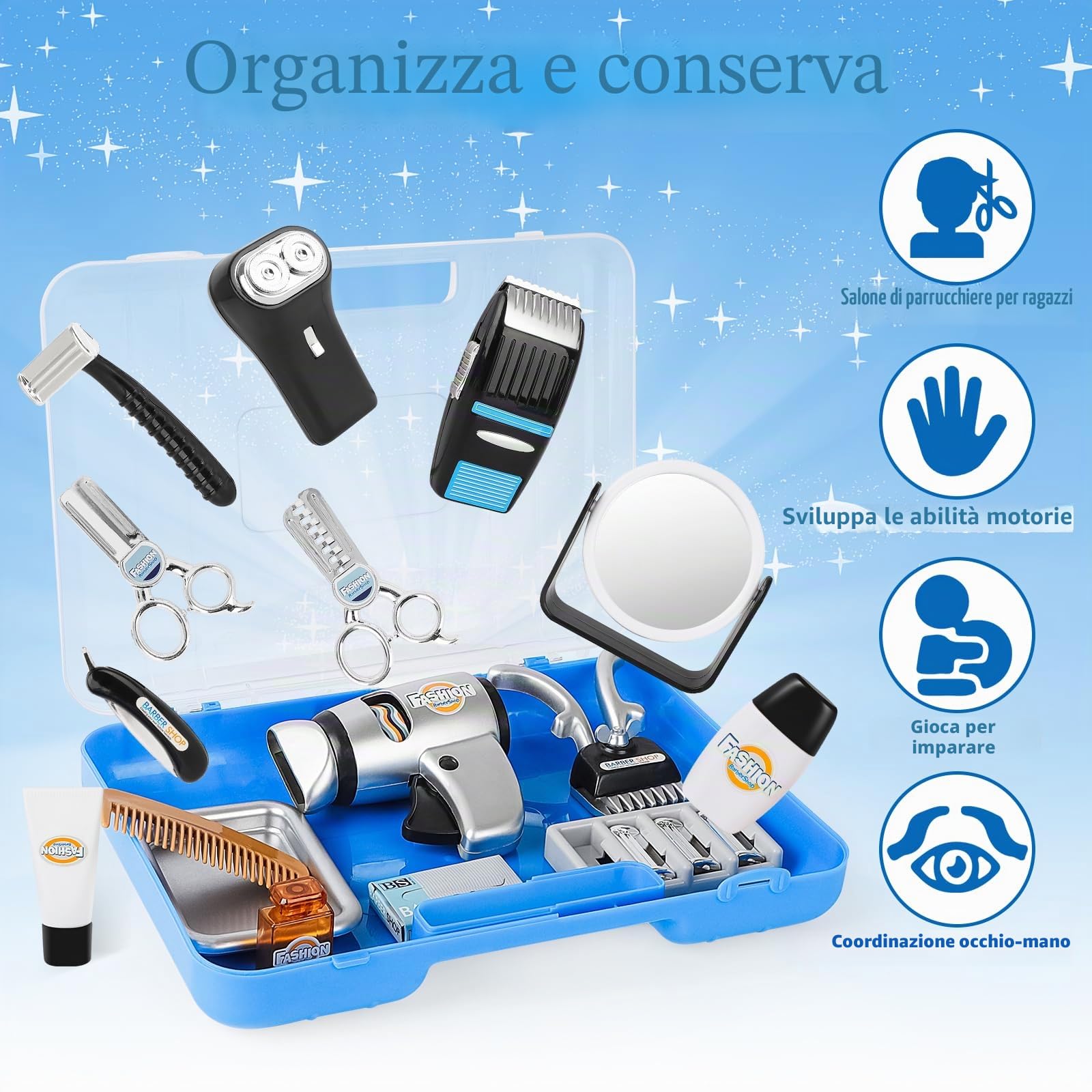 deAO Estilismo e Parrucchiere Gioco di Barbiere di Moda Set, Giocattoli di Bellezza Set, Hair Stylist Giocattolo Include Asciugacapelli d'Aria Fredda, Forbici Giocattolo Bigodino e Accessori Ragazzi