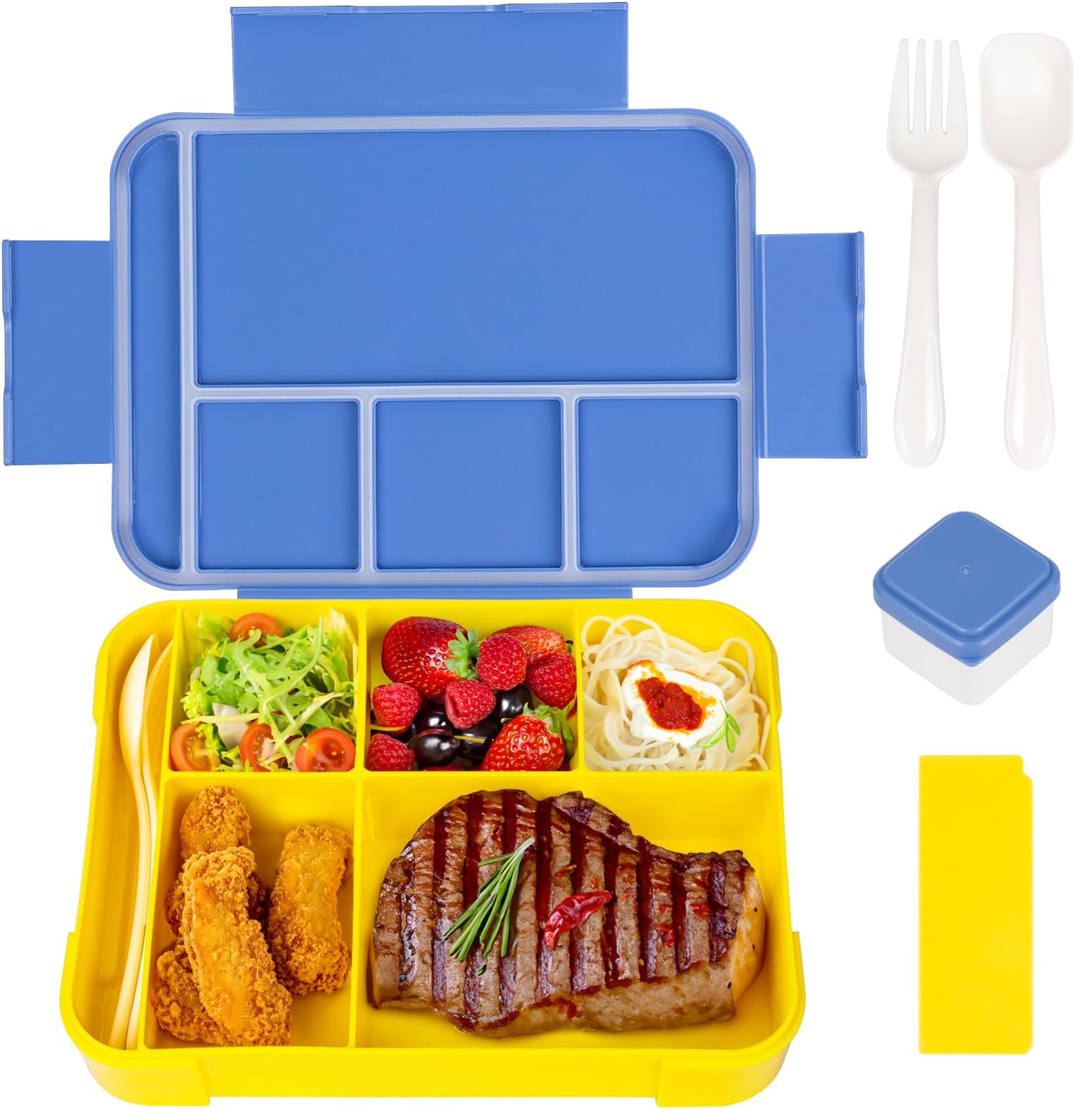 Bento Lunch Box for Kids, 1330ML Bento Box Adult Lunch Box with 6 Compartment, Leakproof Snack Boxes with Utensil Sauce Dressing Containers, Reusable On-the-Go Meal and Snack Packing(Blue/Yellow)