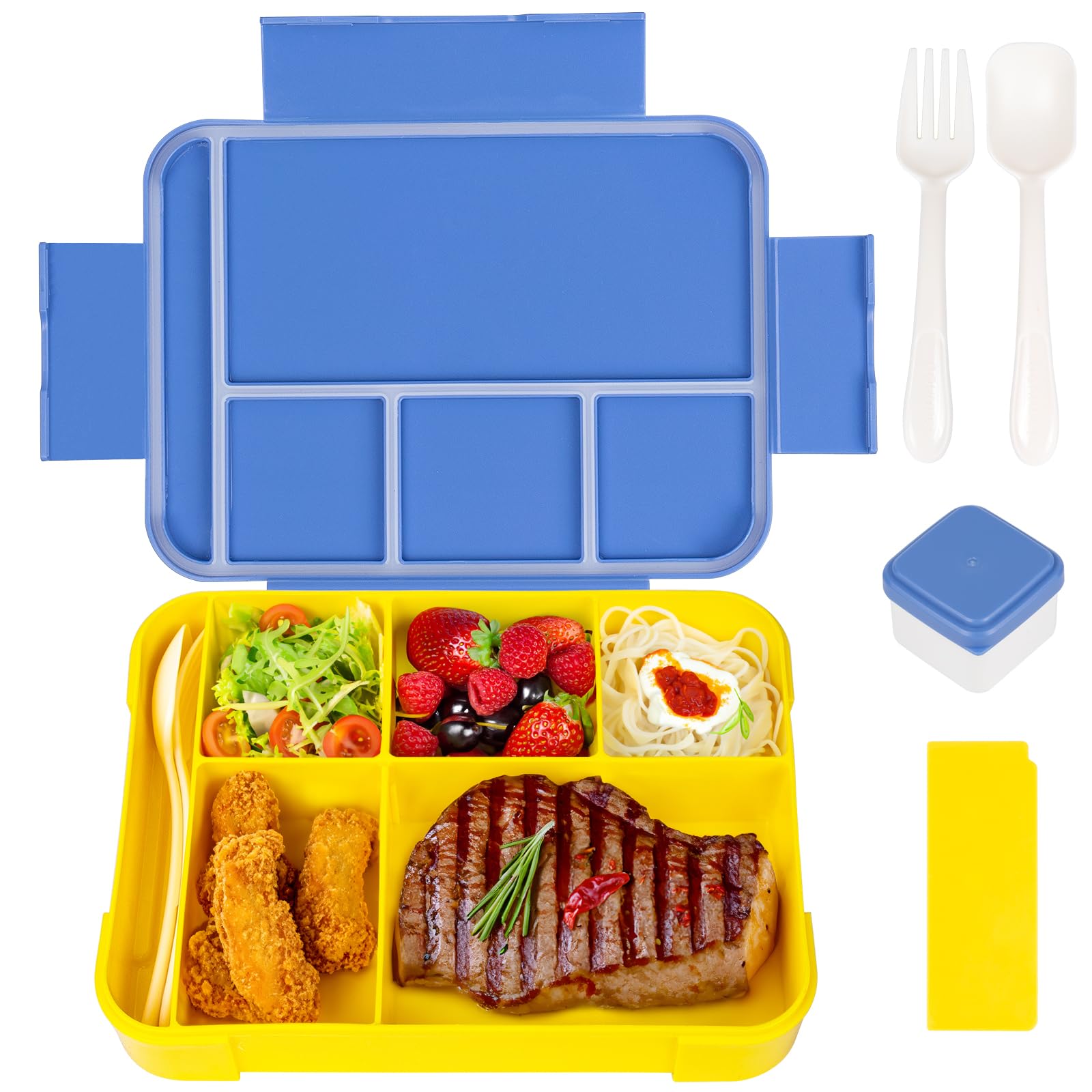 Bento Lunch Box for Kids, 1330ML Bento Box Adult Lunch Box with 6 Compartment, Leakproof Snack Boxes with Utensil Sauce Dressing Containers, Reusable On-the-Go Meal and Snack Packing(Blue/Yellow)