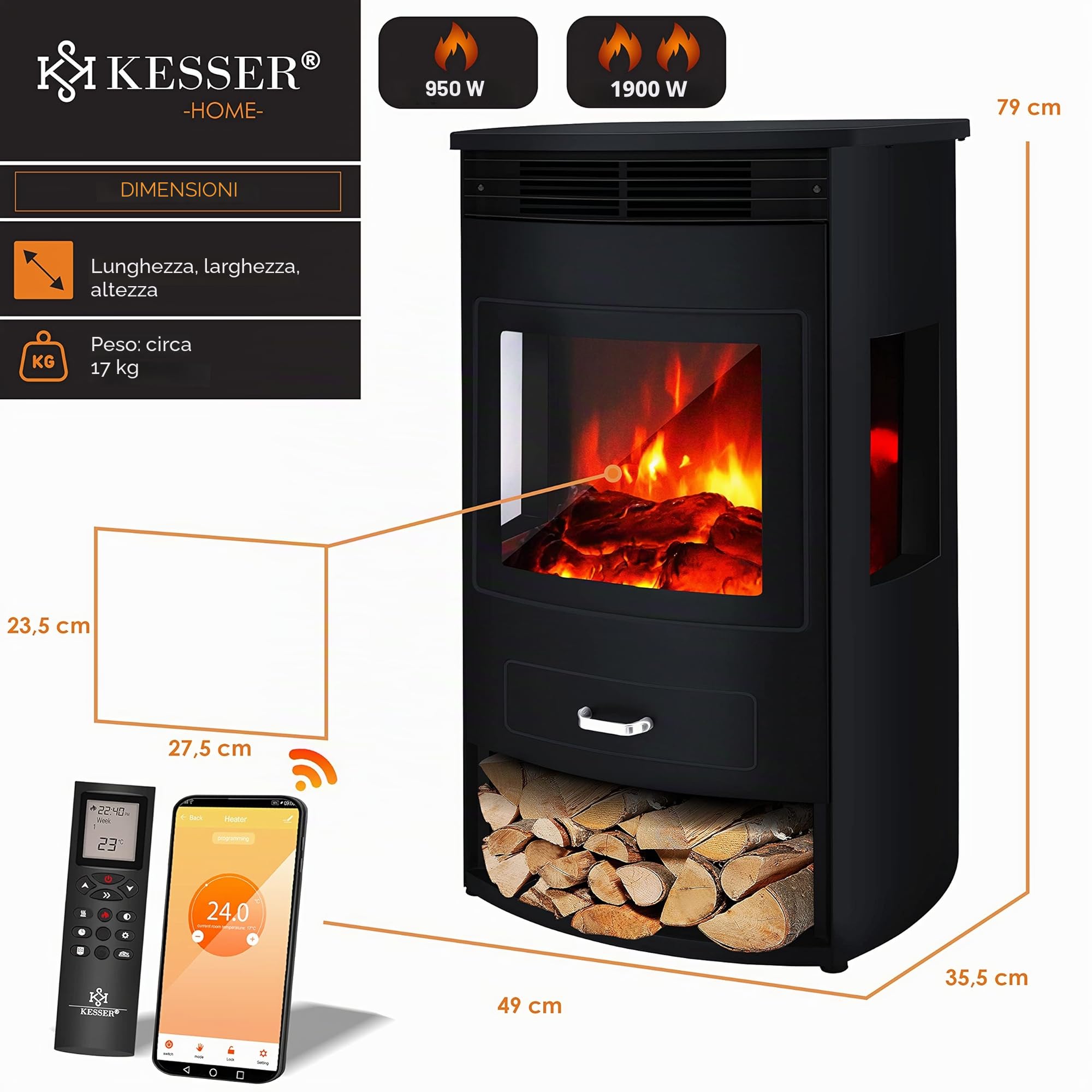 KESSER® Prio Camino Elettrico con Stufa, Termoventilatore, Telecomando, 950/1900 W, Caminetto Elettrico con Effetto Fiamma LED, Rilevamento Finestra Aperta, Fattura Robusta, Telecomando Incluso
