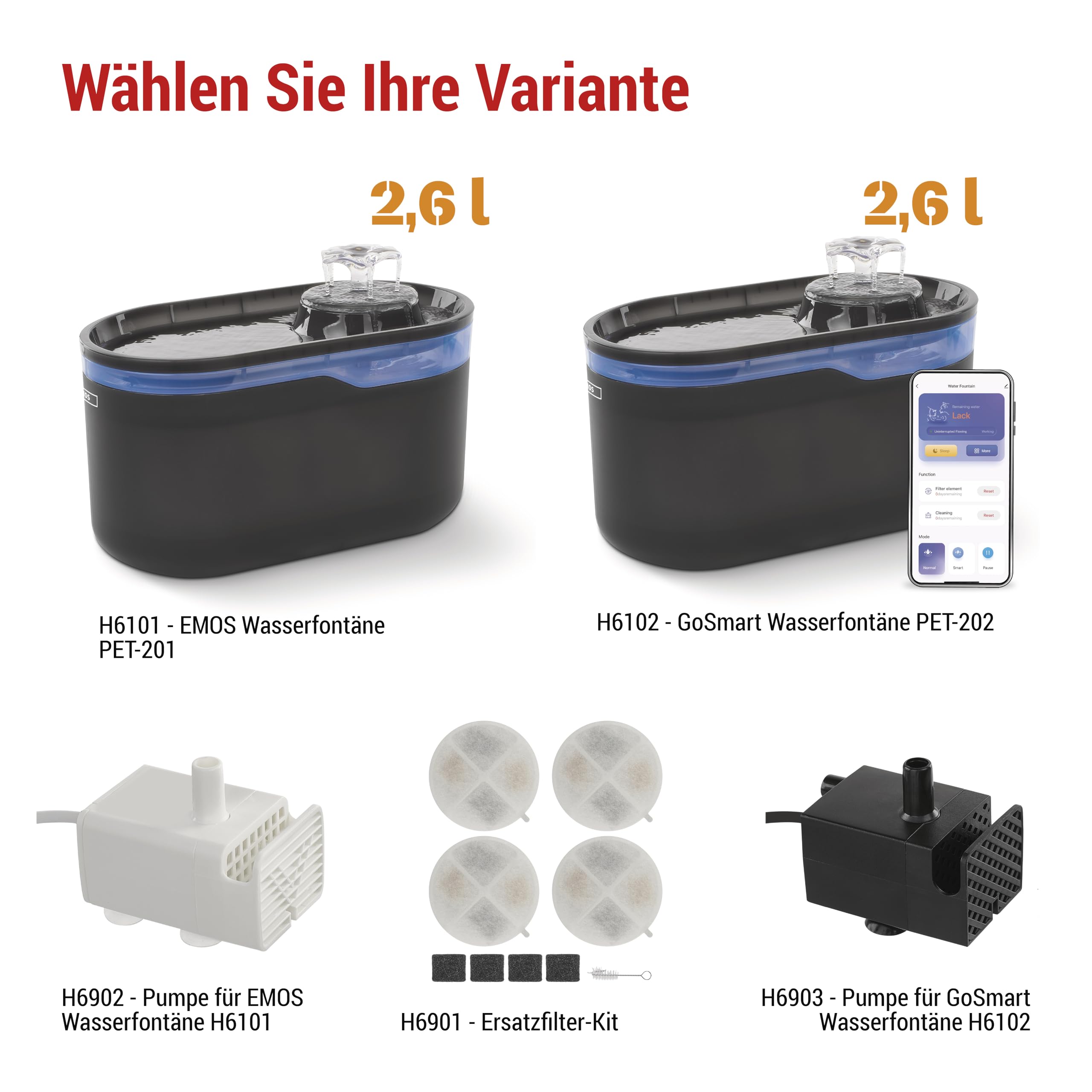 EMOS GoSmart Fuente para Gatos de 2,6 l con Sistema de filtración - Fuente de Agua Potable para Mascotas - Dispensador de Agua Dulce - Gris