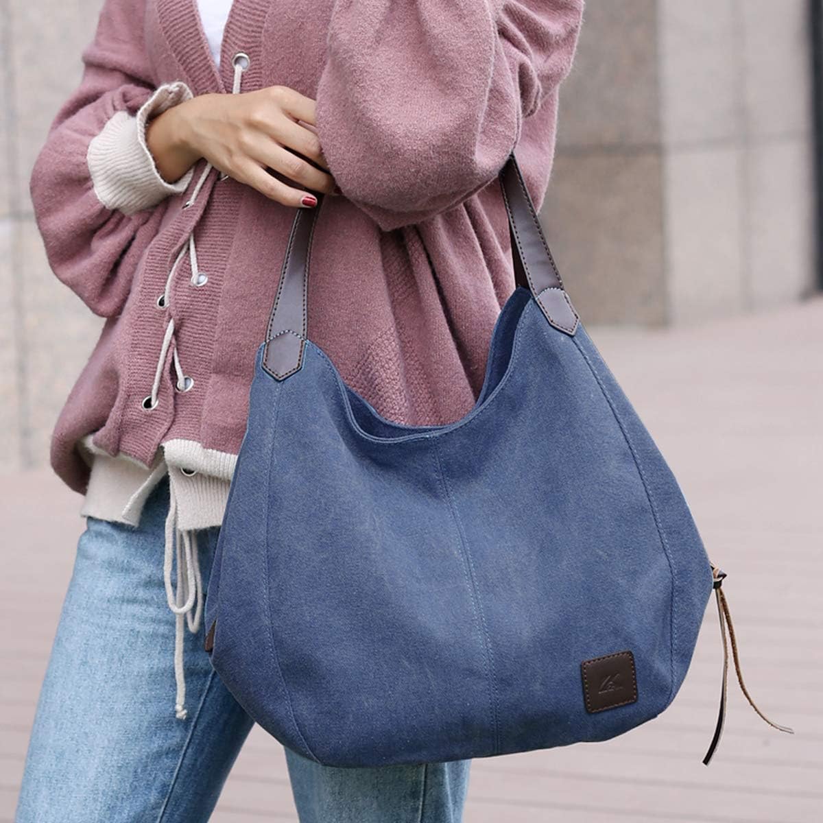 DOURR Women's Multi-pocket Shoulder Bag Fashion Cotton Canvas Handbag Tote Purse - Image 2