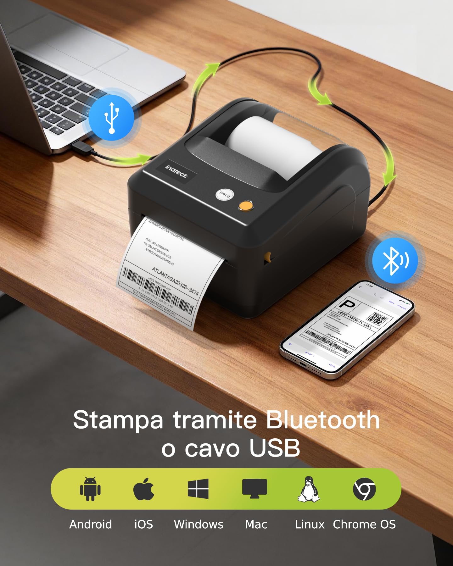 Inateck Stampante per Etichette Bluetooth, Stampante Termica DHL, 4 x 6, Etichettatrice per Codice a Barre, Amazon, Etsy, Shopify, DHL, FedEx, UPS ecc., con etichette, PR50, nero