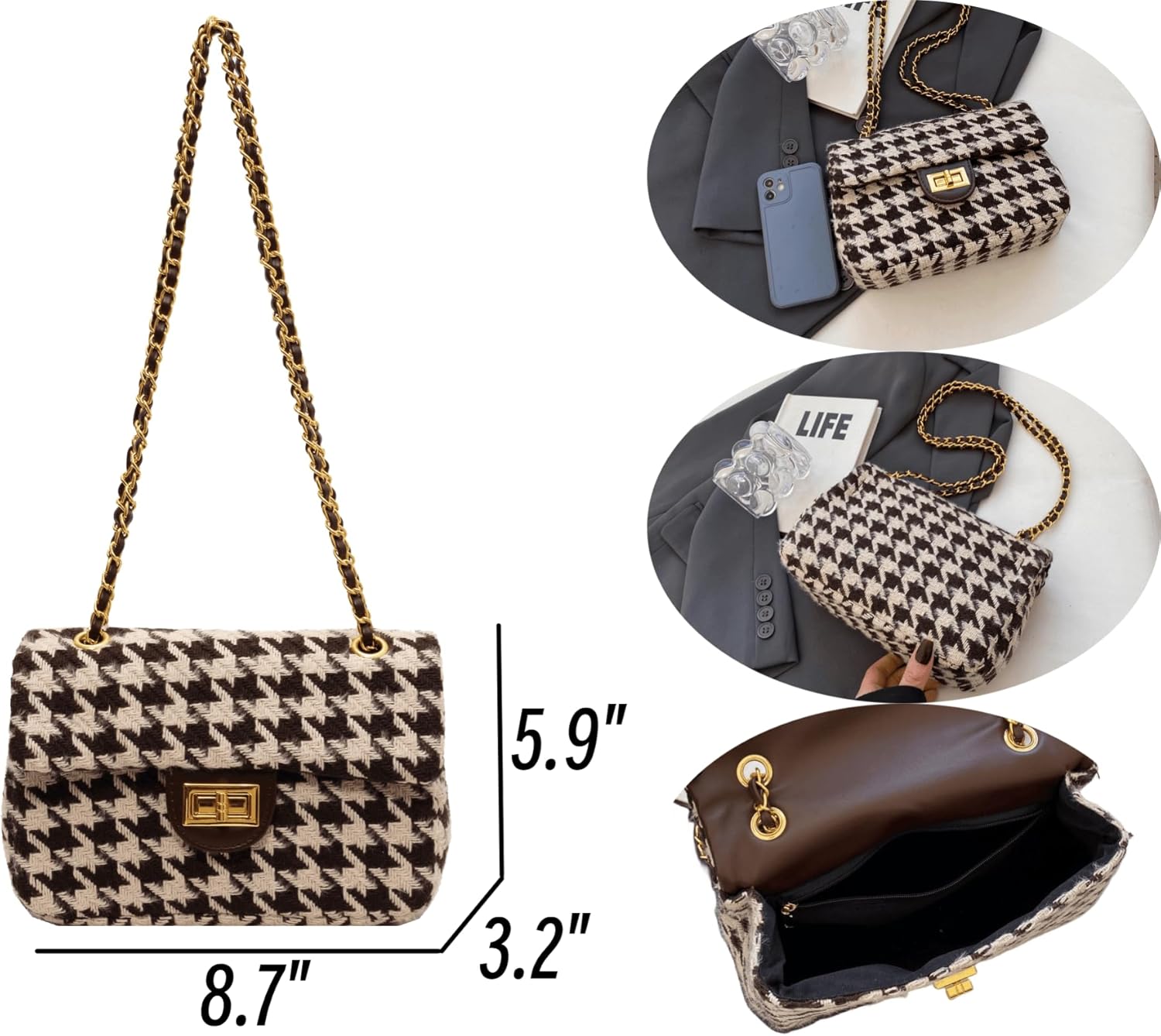Houndstooth Chain Shoulder Cross body Bag for Women Handbag and purse Fashion Woolen Cloth Clutch - Image 6