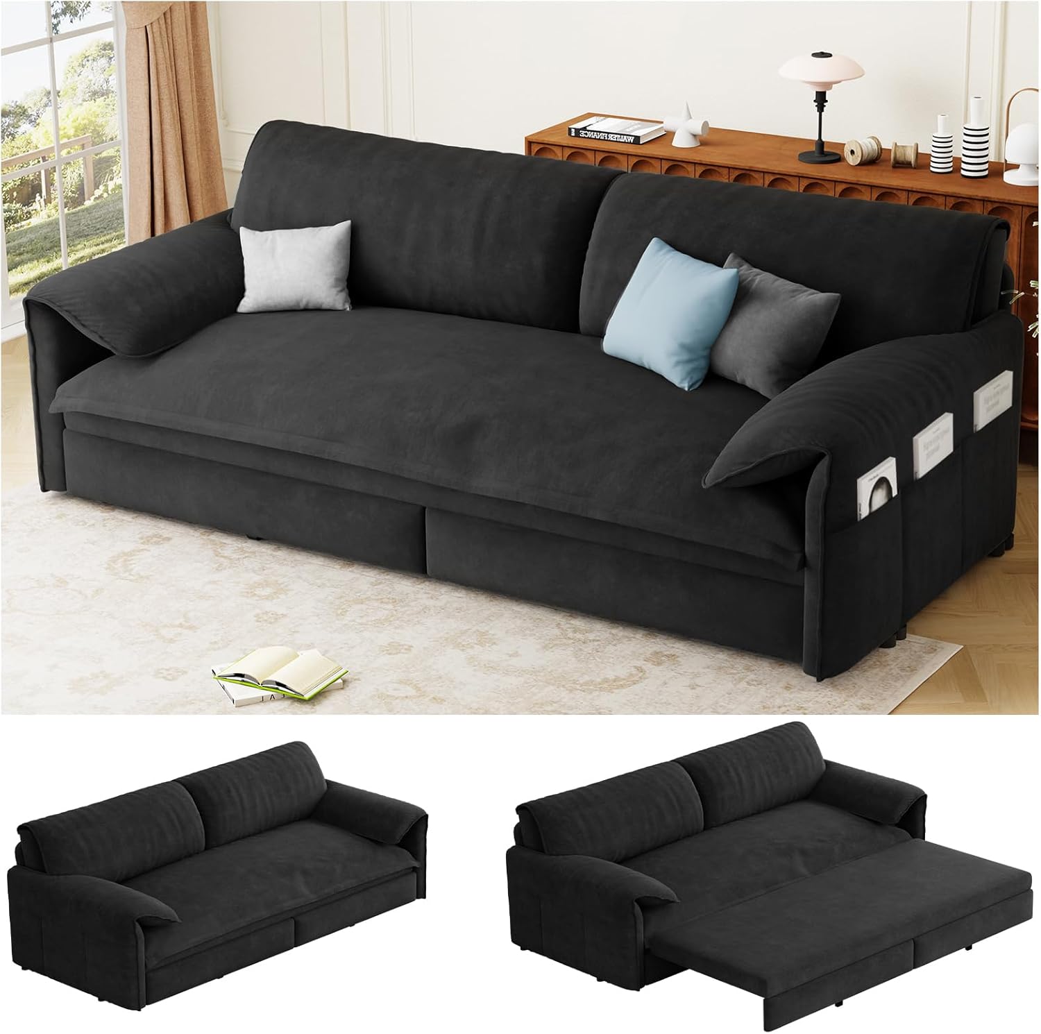 66" Queen Pull Out Couch Bed,Velvet 3-in-1 Queen-Size Sleeper Sofa,Convertible Pull-Out Sofa Bed with Side Pockets,Sleeper Loveseat for Living Room,Apartment, Offices (Black)