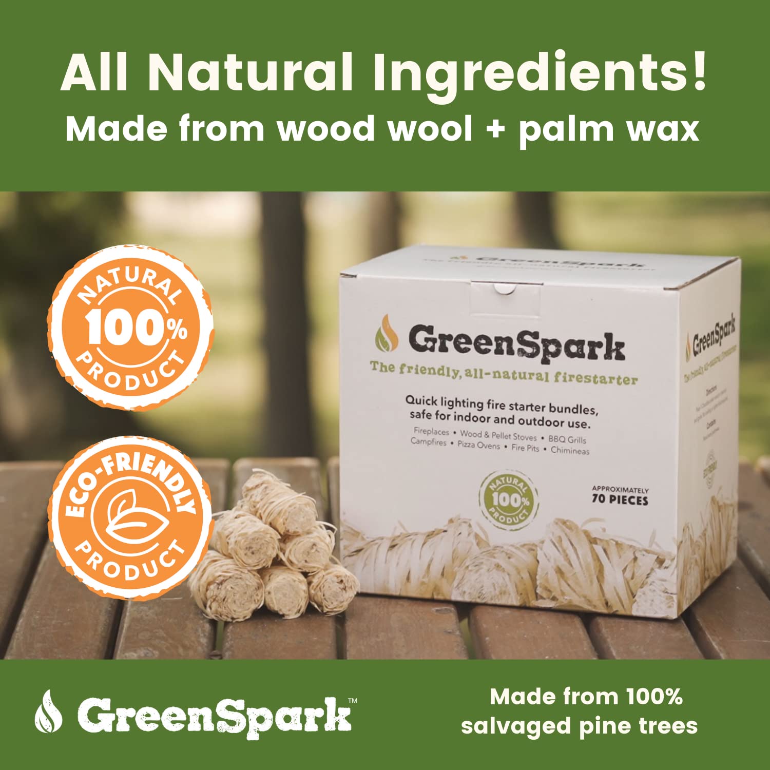 GreenSpark Natural Fire Starters for?áGrill, Smoker, Pizza Oven,BBQ,Fireplace, Wooden & Pellet Stove, Fire Pit, Long Burn, Waterproof,All Weather, Safe for Indoor/Outdoor Use (140 Pcs)