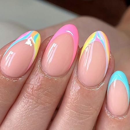 Press On Nails - Spring | Colorful Rainbow French Tip Press On Nails, Short Almond Shaped Nails with Spring Summer Ascent for Women and Girls, 24 Pcs Reusable Fake Nails