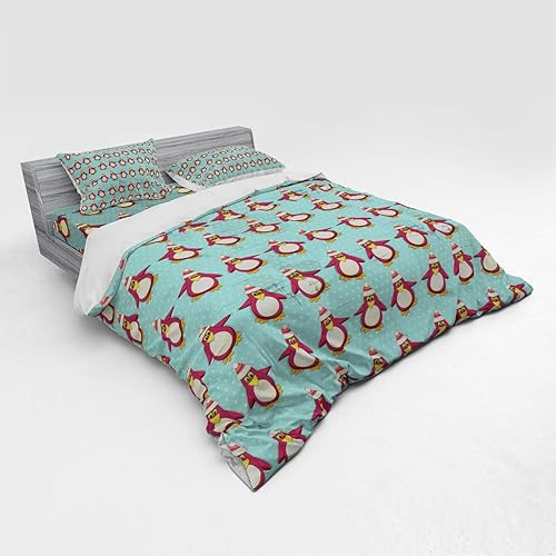 Miniatura 4 de Ambesonne Christmas Bedding Set, Vintage Holiday Pattern with Penguins Funny Arctic Animals Xmas in North Pole, 4 Piece Duvet Cover Set with Shams