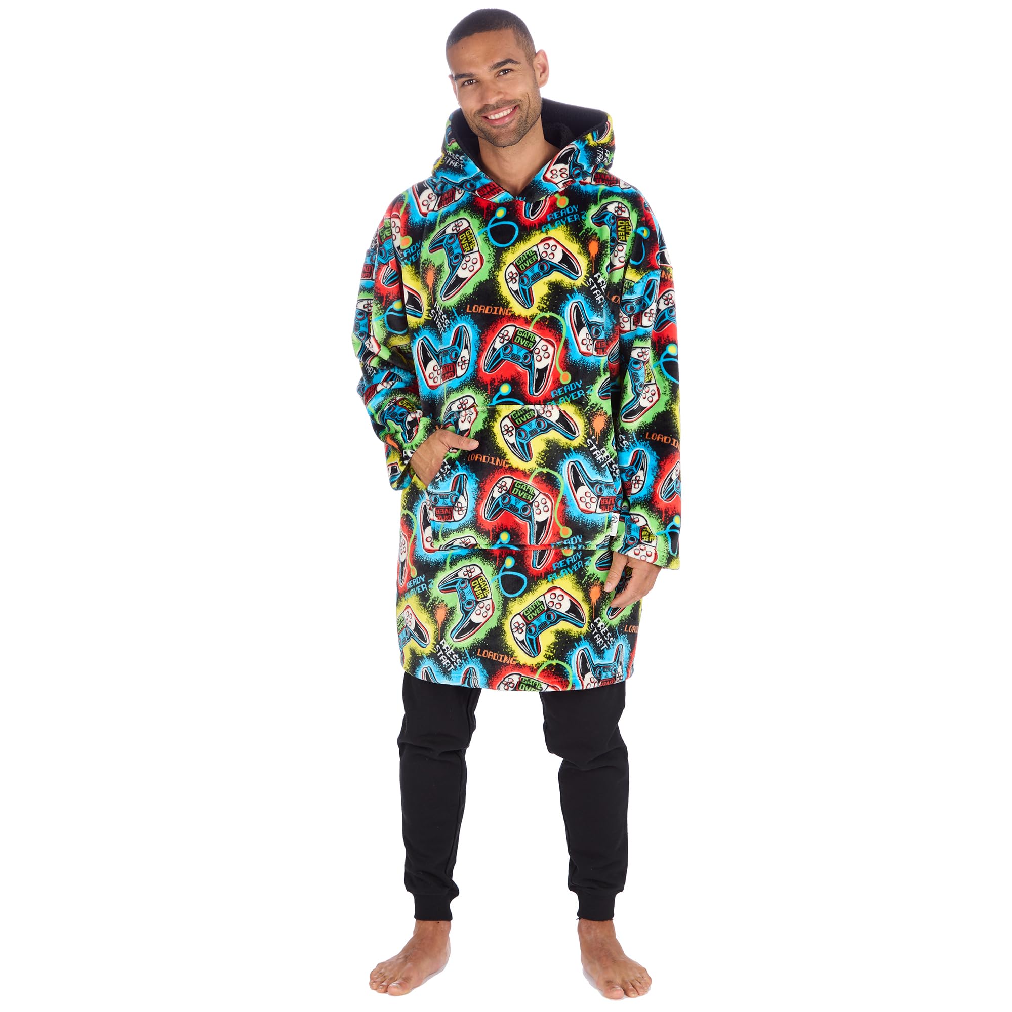 GM Apparel Mens Oversized Hoodie Blanket – Super Soft Lounger Hoody – Gaming Controller Design – 100% Polyester - Adults One Size