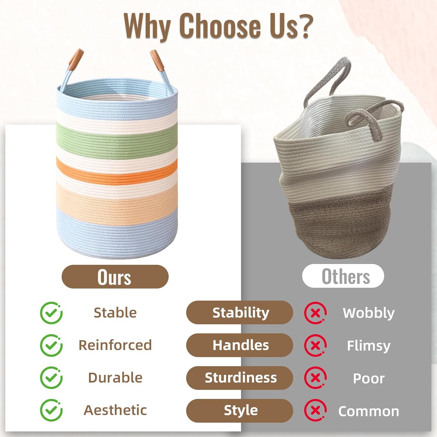 60L Striped Laundry Basket, Rainbow Laundry Hamper with Leather Handles, Woven Cotton Rope Storage Bin for Blankets, Nursery Hamper for Clothes, Toys In Bathroom, Livingroom, Bedroom